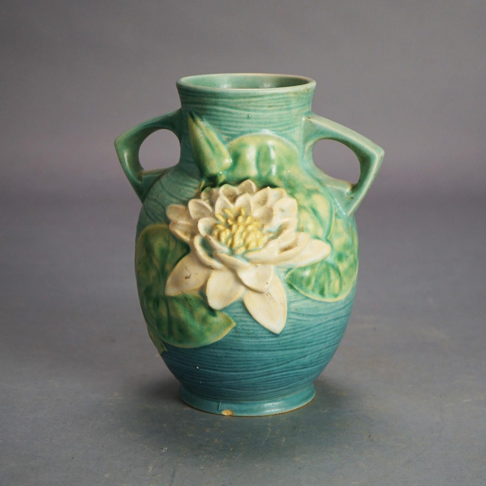 Five Pieces of Blue Roseville Art Pottery with Water Lily Pattern Mid 20th 1