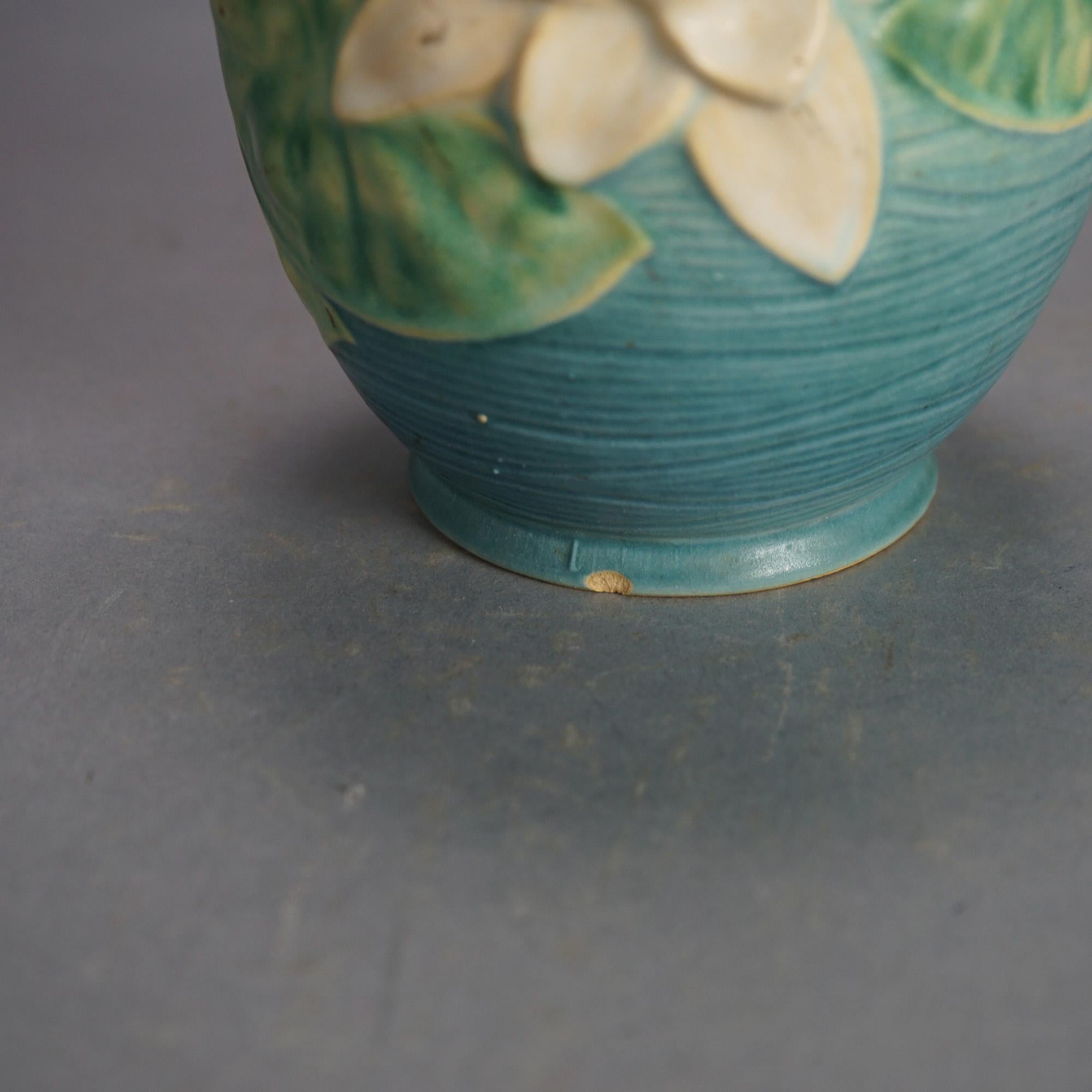 Five Pieces of Blue Roseville Art Pottery with Water Lily Pattern Mid 20th 2