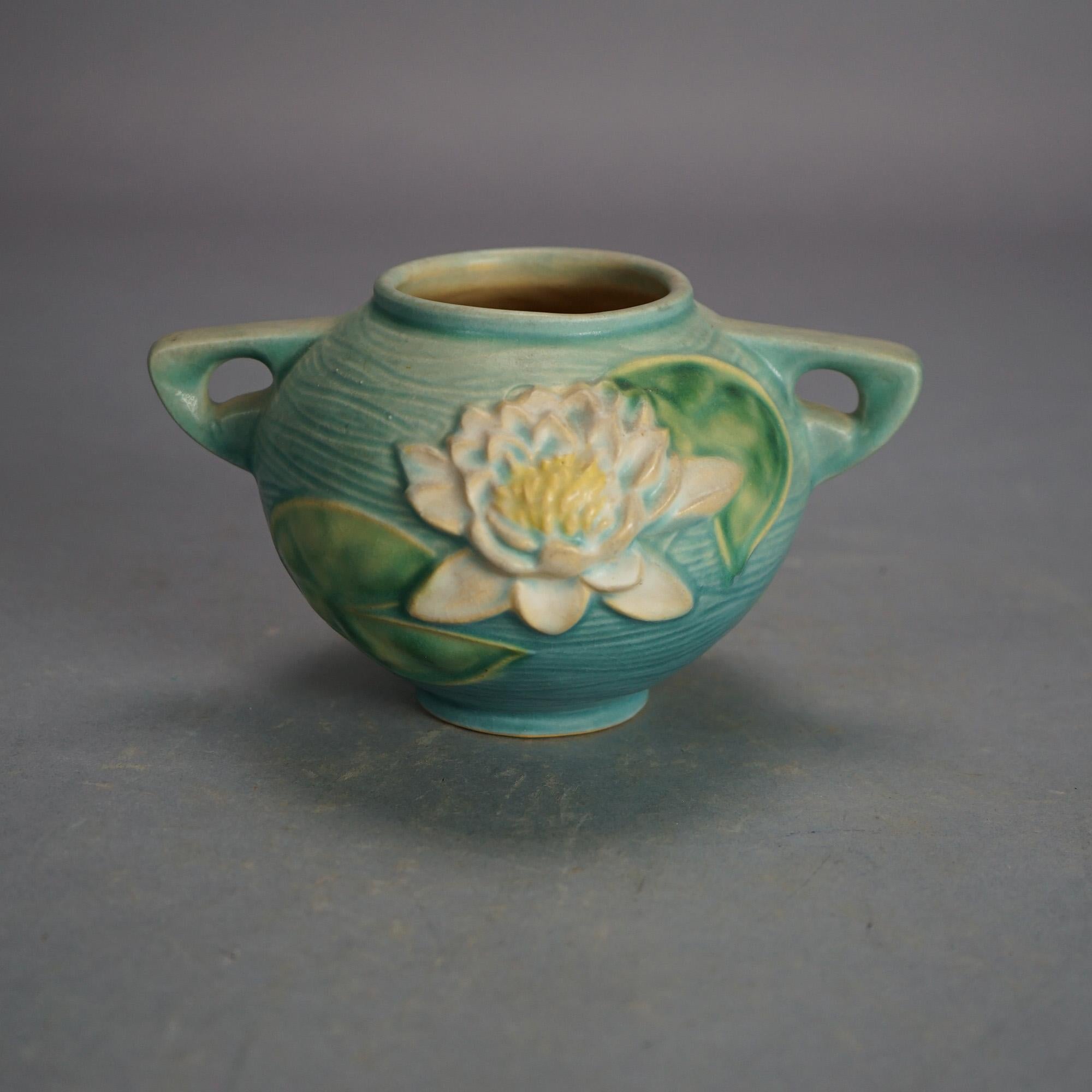 Five Pieces of Blue Roseville Art Pottery with Water Lily Pattern Mid 20th 3