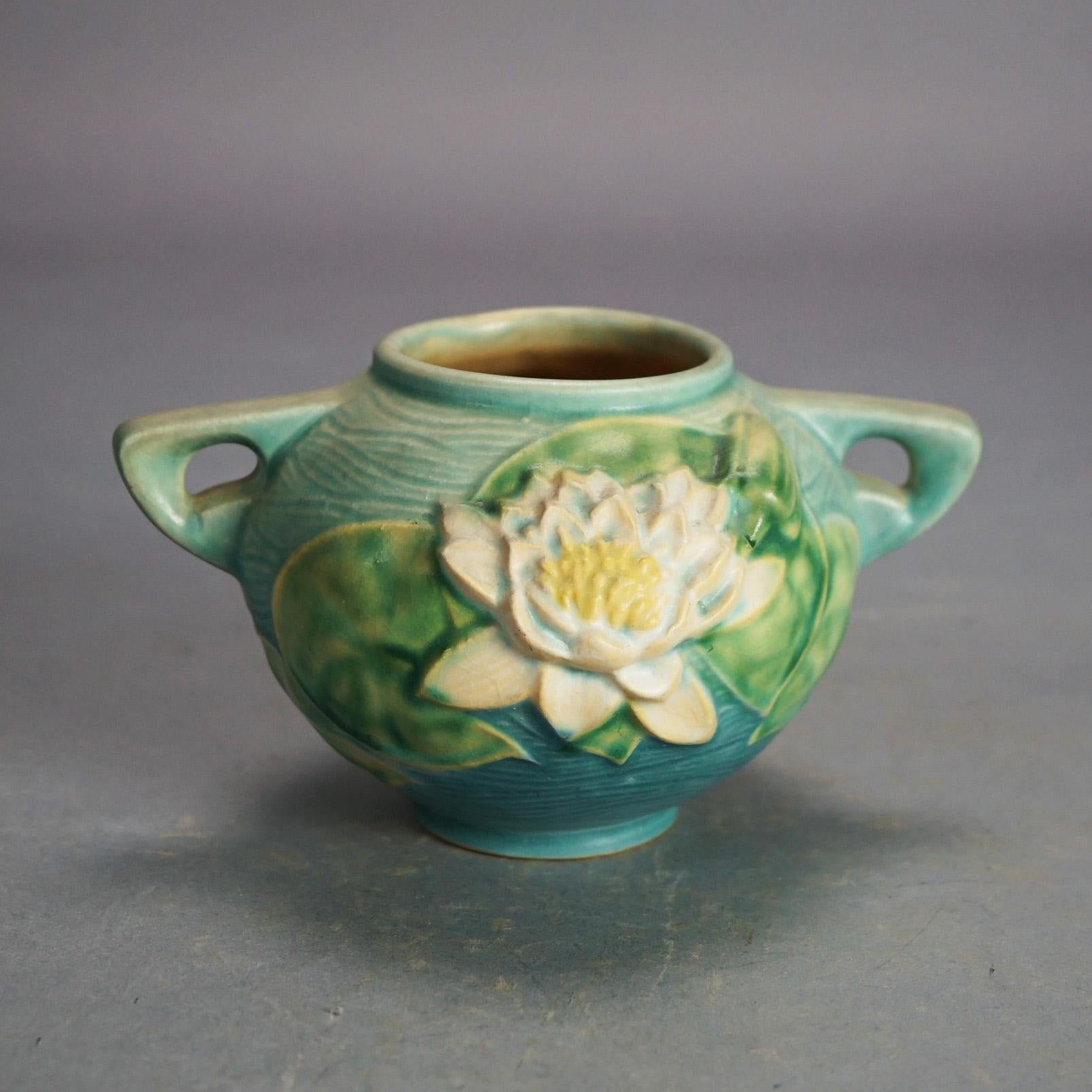 Five Pieces of Blue Roseville Art Pottery with Water Lily Pattern Mid 20th 4
