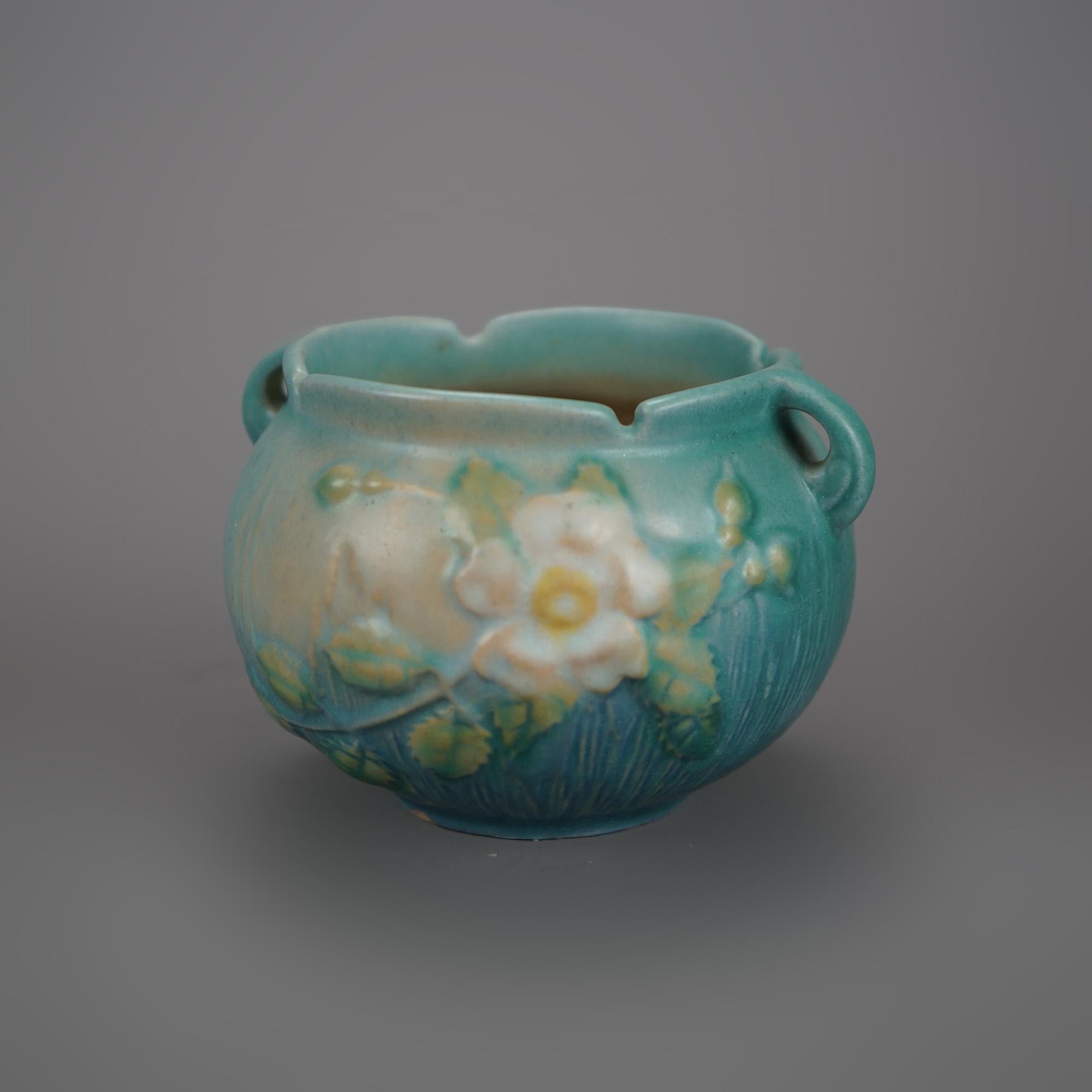 Five Pieces of Blue Roseville Art Pottery with White Rose Pattern Mid 20th In Good Condition In Big Flats, NY