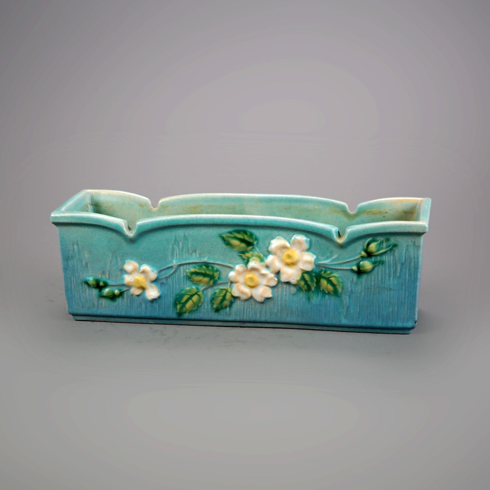 20th Century Five Pieces of Blue Roseville Art Pottery with White Rose Pattern Mid 20th