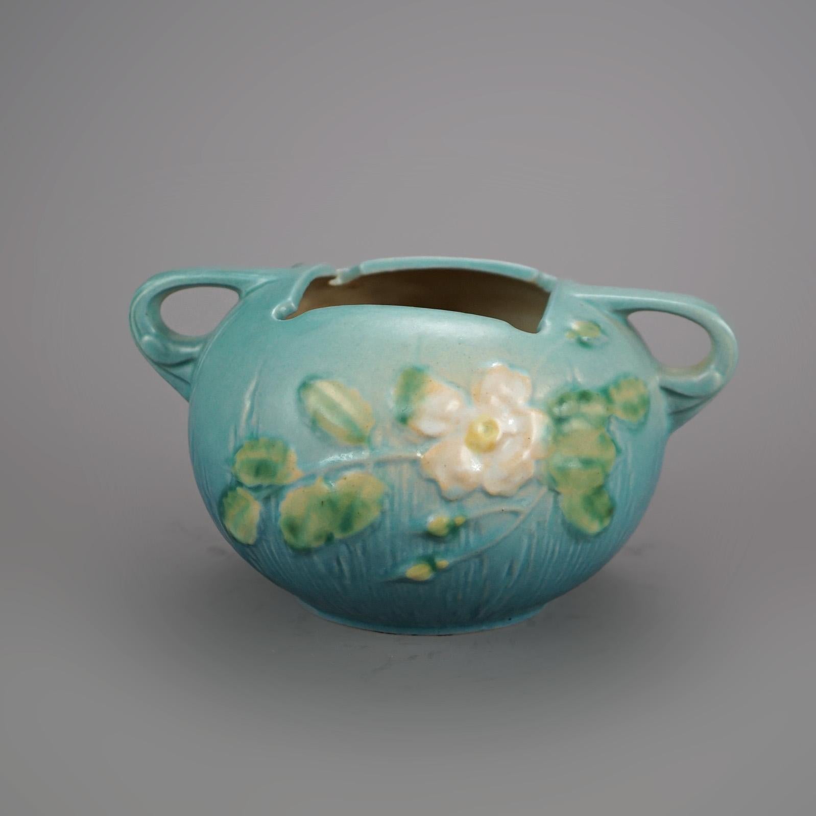 Five Pieces of Blue Roseville Art Pottery with White Rose Pattern Mid 20th 1