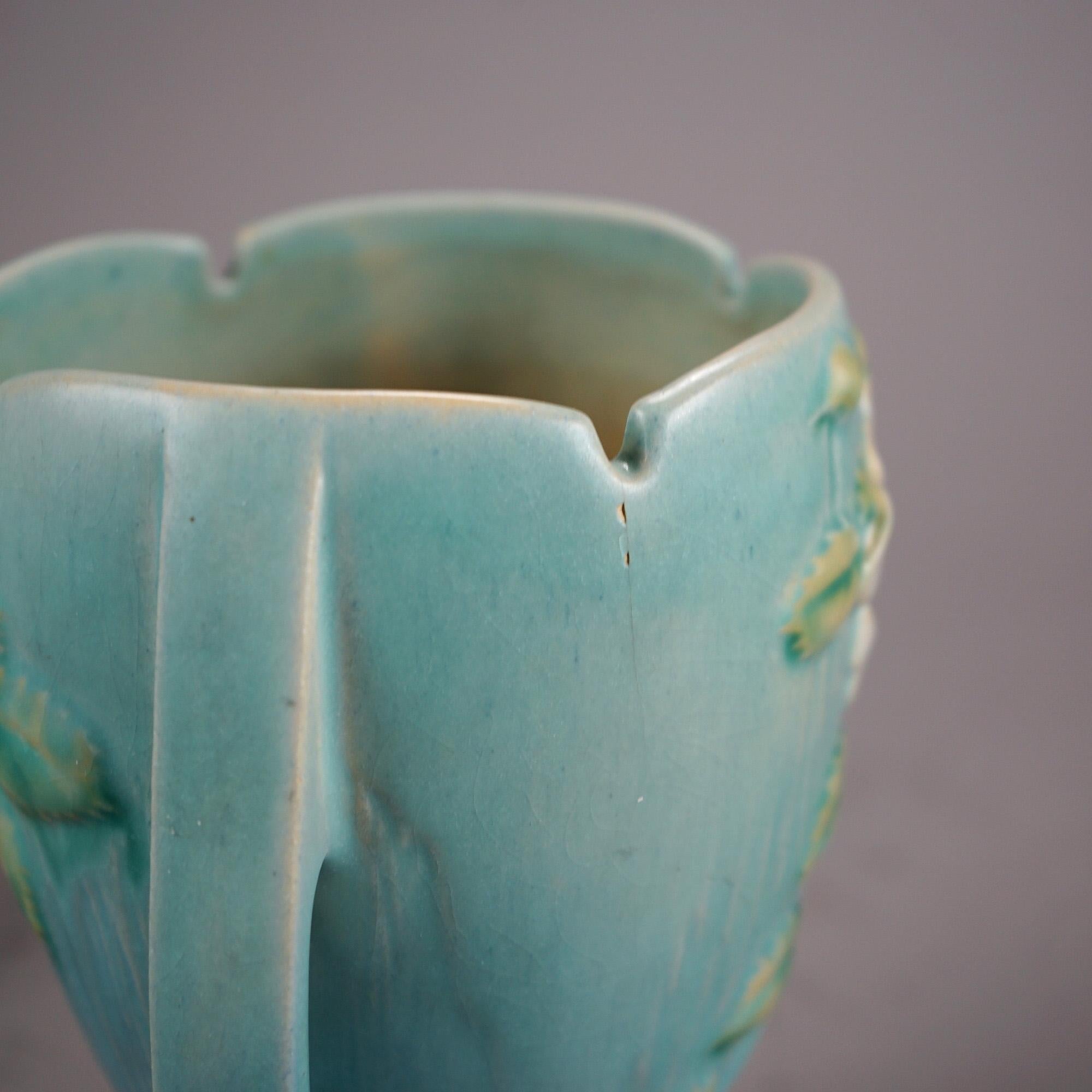 Five Pieces of Blue Roseville Art Pottery with White Rose Pattern Mid 20th 3
