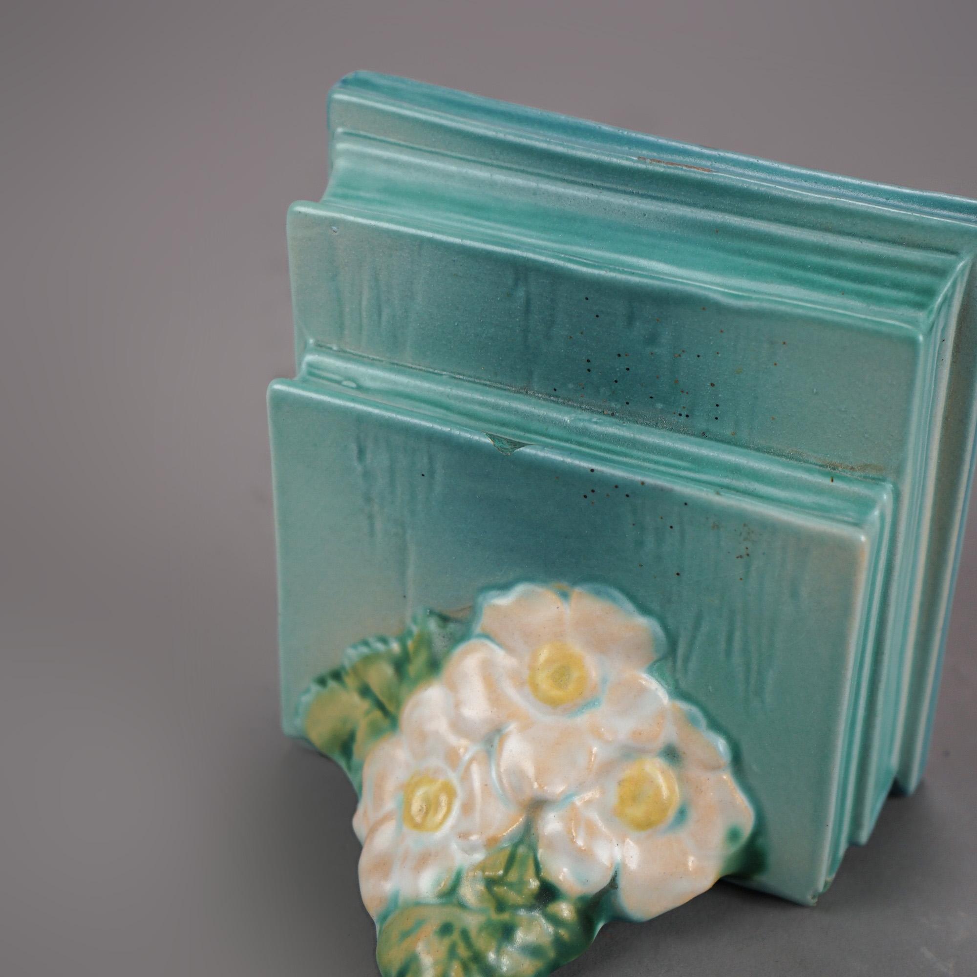 Five Pieces of Blue Roseville Art Pottery with White Rose Pattern Mid 20th 5