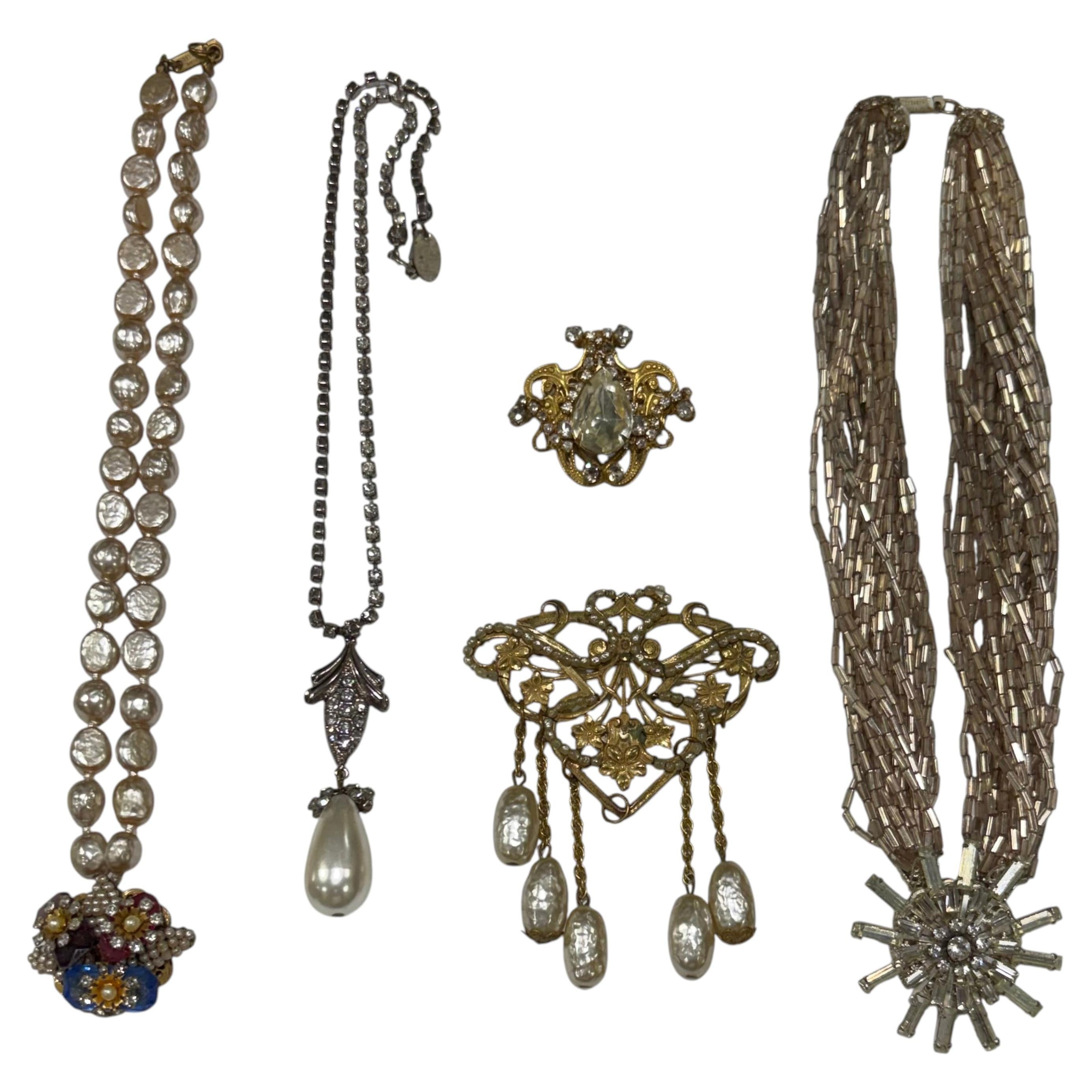 Five PIeces of Miriam Haskell Jewelry, Necklace, Pin For Sale