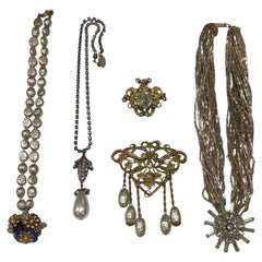 Five PIeces of Miriam Haskell Jewelry, Necklace, Pin