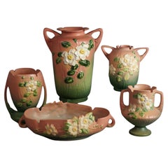 Five Pieces of Pink Roseville Art Pottery with White Rose Pattern Mid 20th