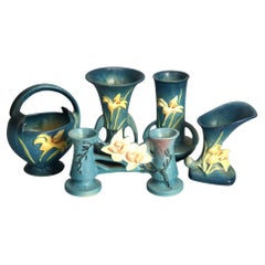 Vintage Five Pieces of Roseville Art Pottery, Zephyr Lily in Blue,  20thC