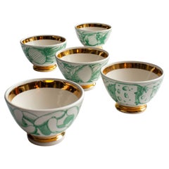 Five Piero Fornasetti Porcelain Bowls, Culinary Motifs, Gilt Interiors, Italy