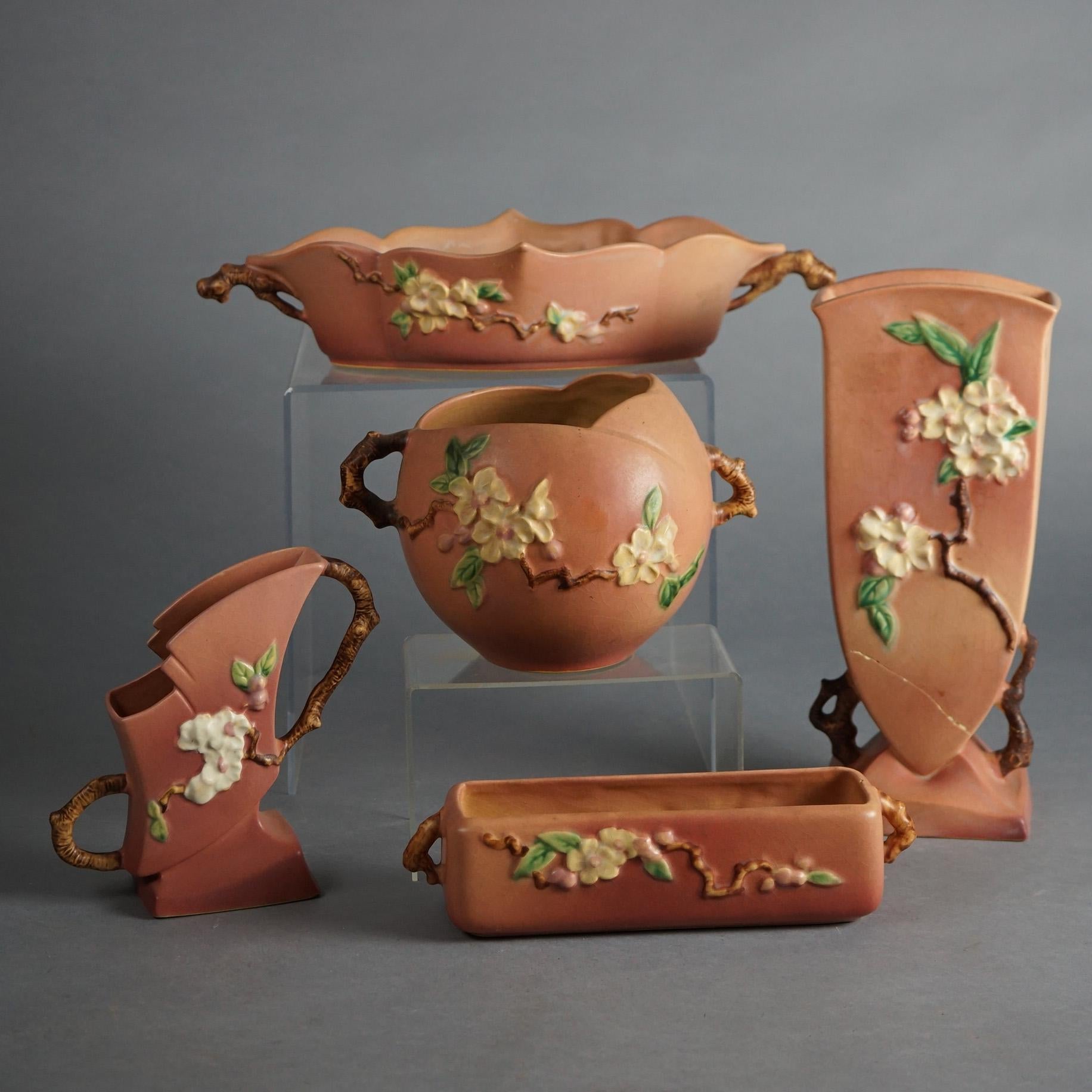 Five Pink Roseville Art Pottery in the Apple Blossom Pattern Mid 20thC

Measures - 12