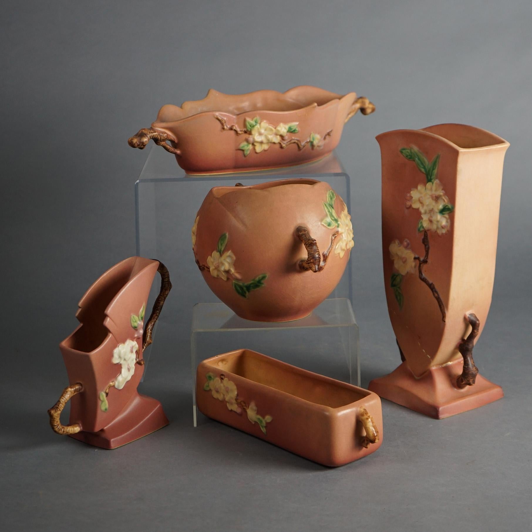 Arts and Crafts Five Pink Roseville Art Pottery in the Apple Blossom Pattern Mid 20thC