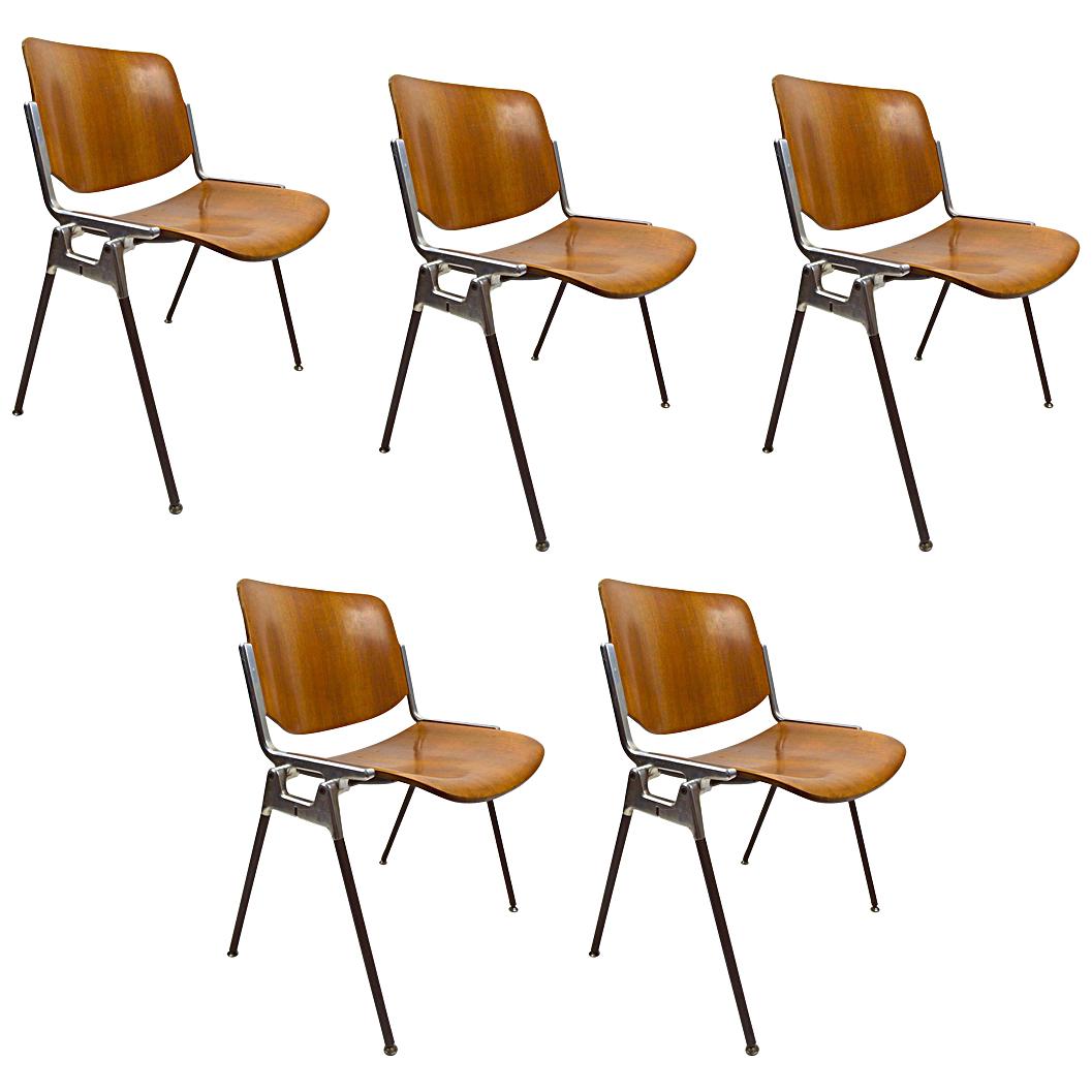 Five Piretti for Castelli Wood and Aluminum Stacking Chairs