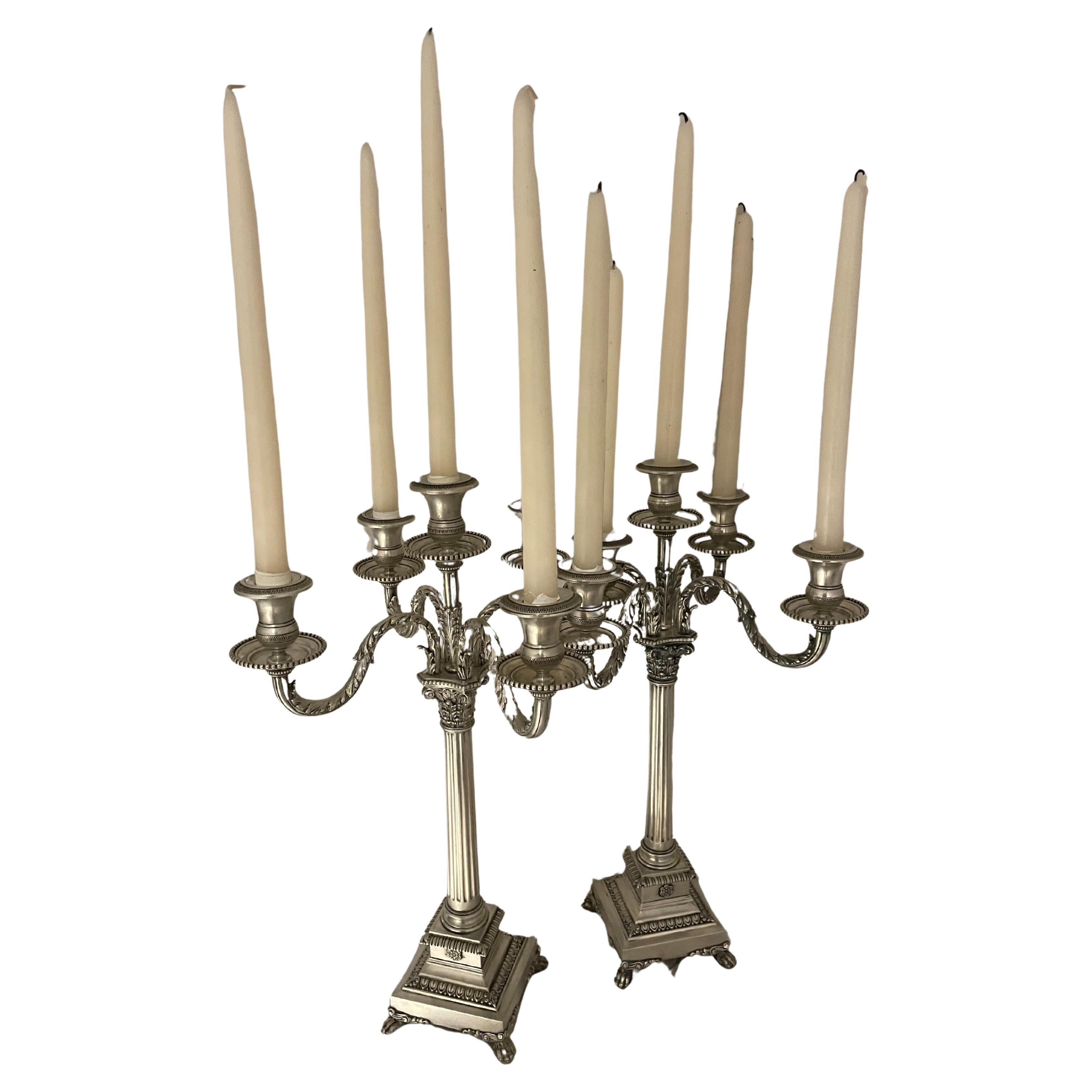 Pair of Five Point Silver Candelabras For Sale