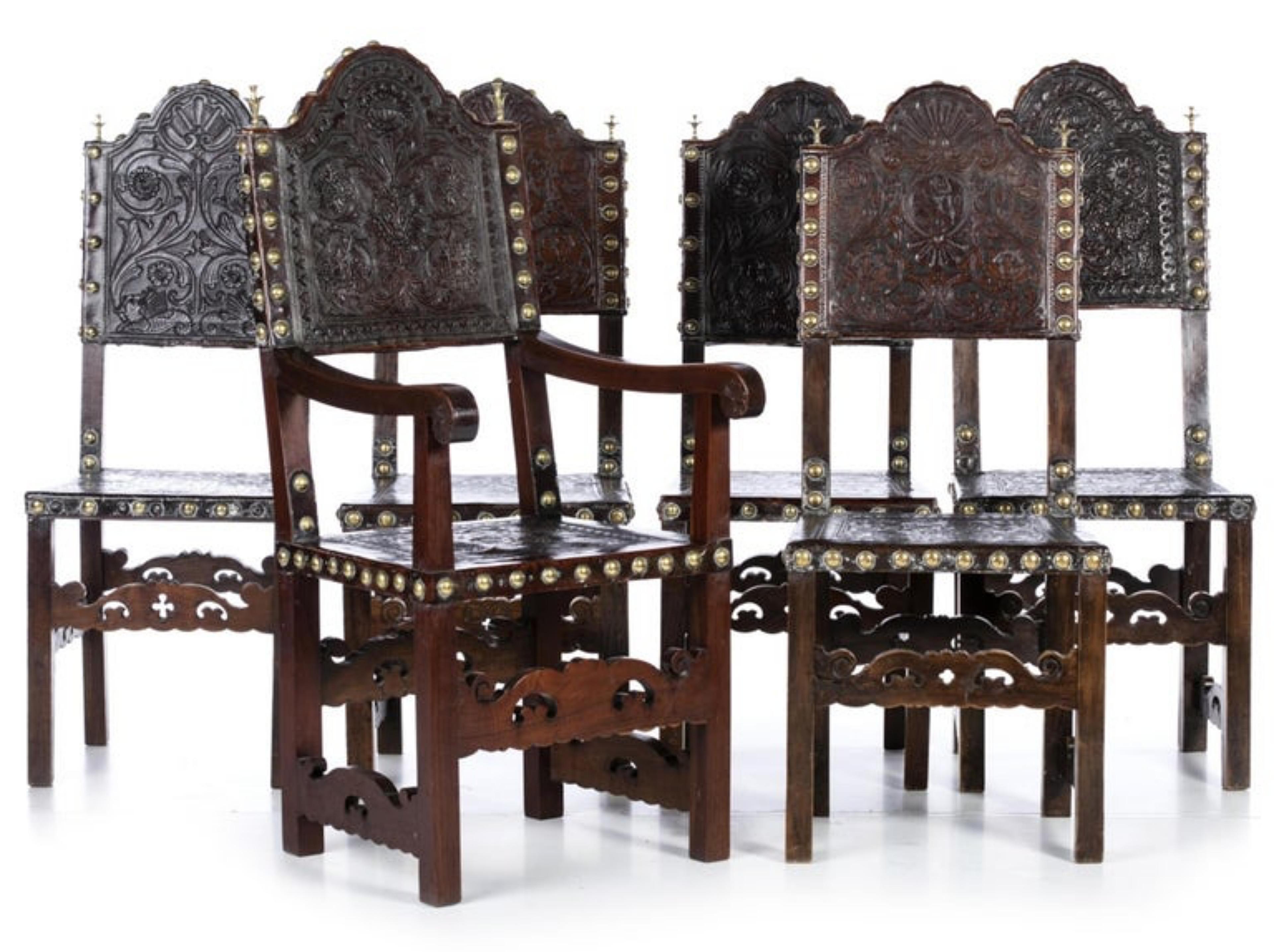 Five chairs and armchairs

Portuguese,
19th century
in chestnut and vinasse wood, in leather and nailing. Turned and carved wood legs and crossbars.
Some defects of the age
Dim.: 117 x 53.5 x 54.5 cm
good condition.