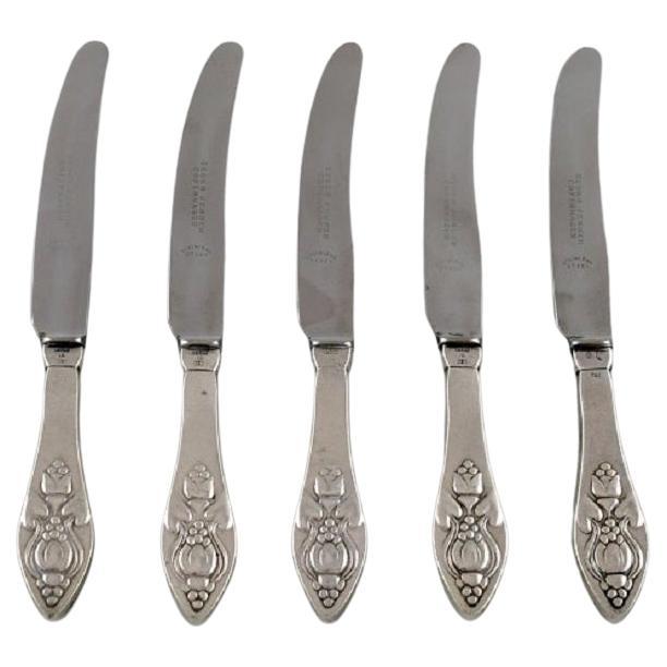 Five Rare and Antique Georg Jensen Bell Lunch Knives in Sterling Silver For Sale