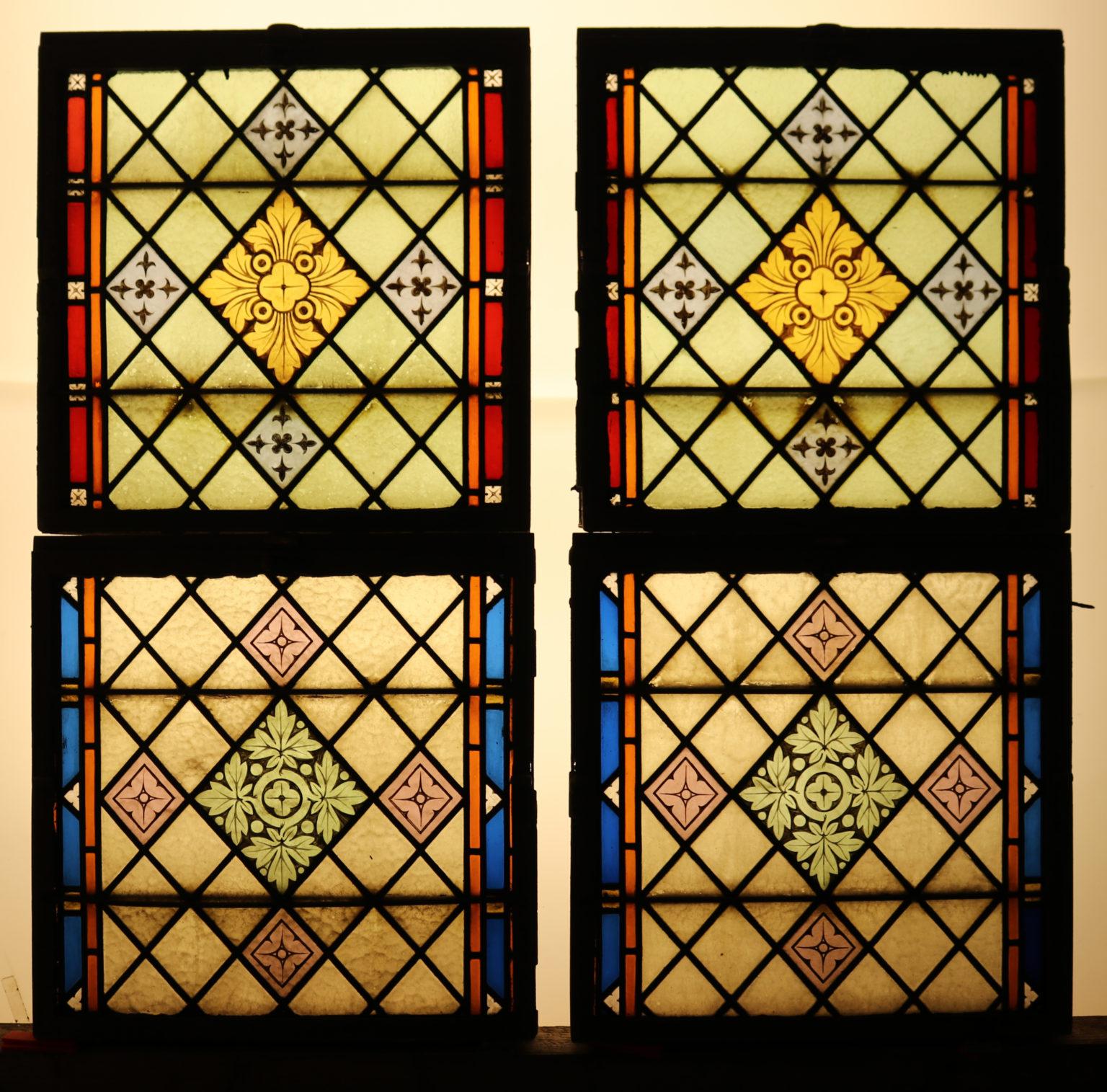 A set of five reclaimed church windows, each set into a wrought iron frame and being able to open.

Additional dimensions (each)

Height 65 cm

Width 63 cm

Depth  3-7 cm

Weight 12 kg.