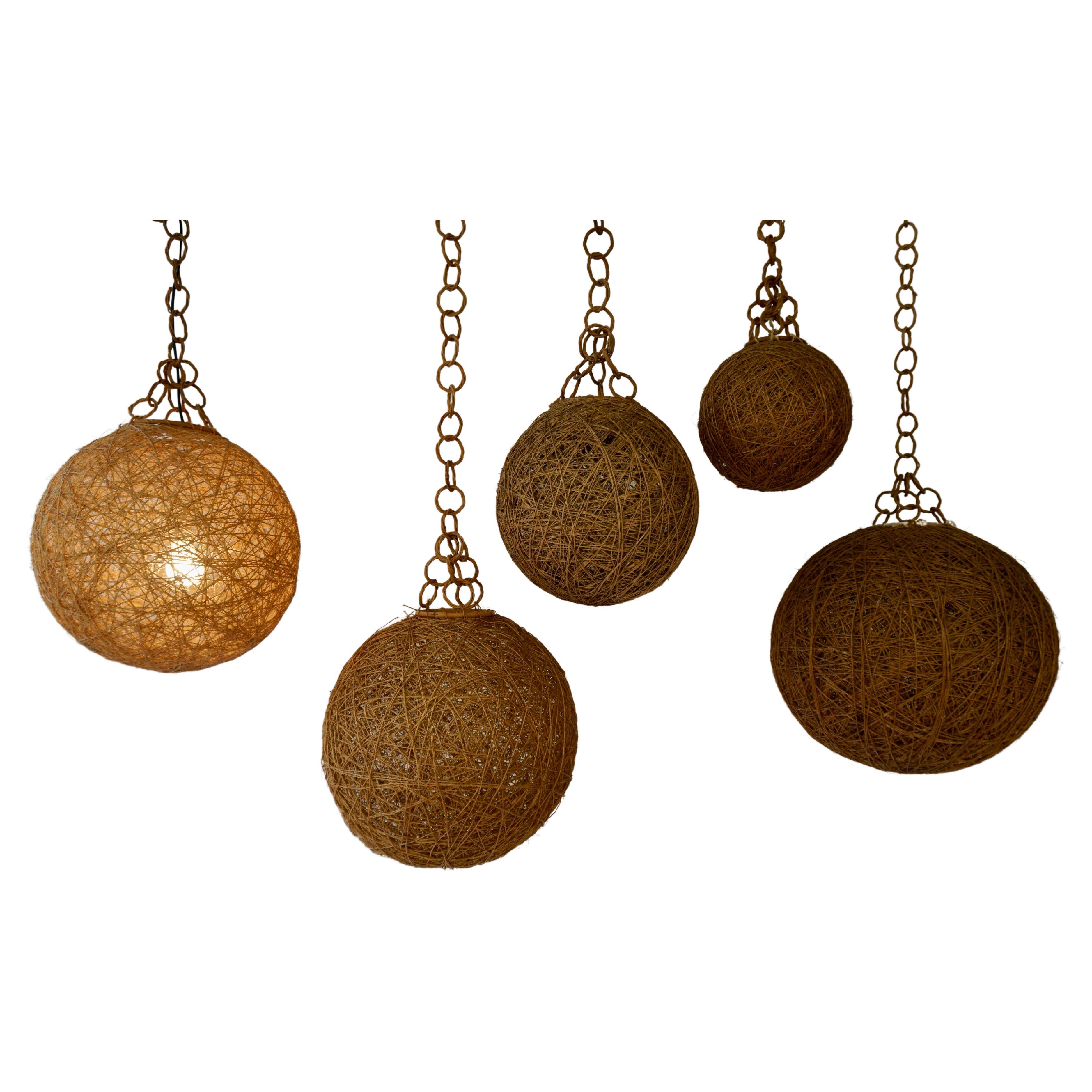 Five Rope Ball Pendant Lights, 1970s For Sale