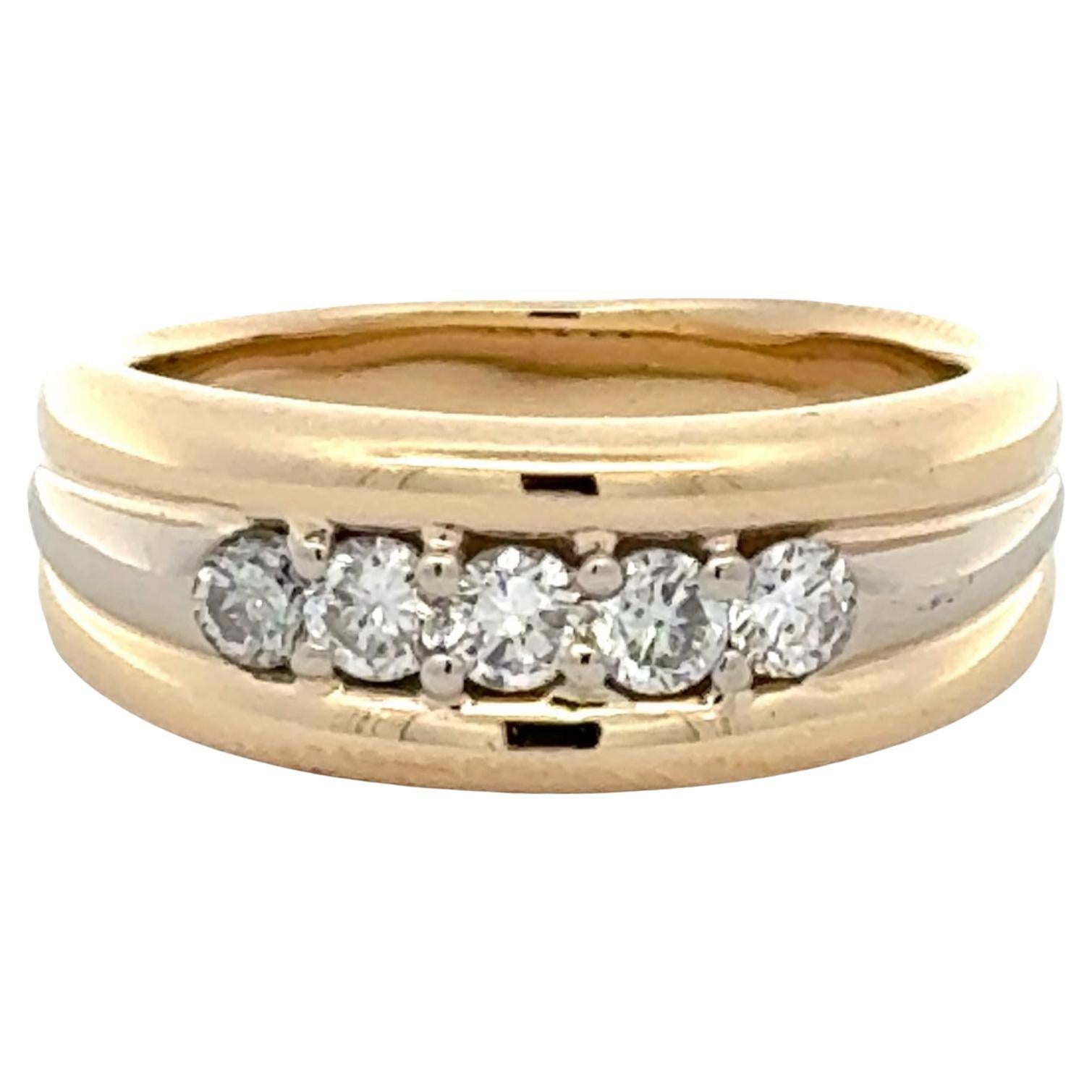 Five Round Brilliant Cut Diamond 14 Karat White & Yellow Gold Wedding Band Ring For Sale