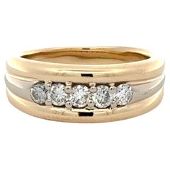 Vintage Five Round Brilliant Cut Diamond 14 Karat White & Yellow Gold Wedding Band Ring