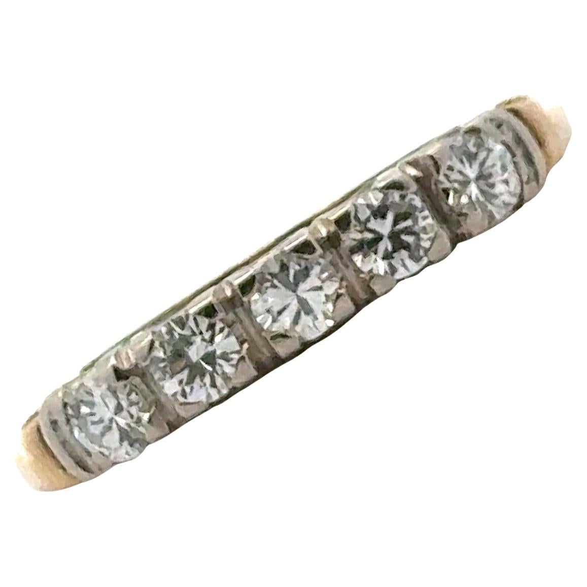 Five Round Brilliant Diamond 14 Karat Two Tone Gold Vintage Wedding Band Ring