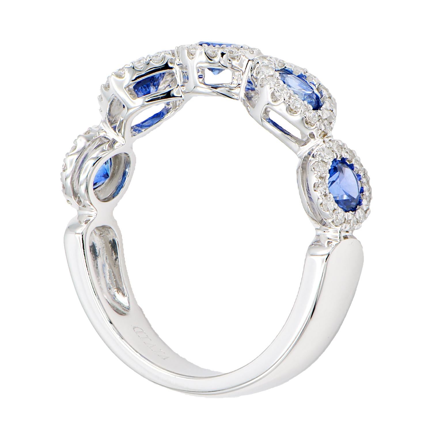 Contemporary Five Round Sapphire Ring with Diamond Halos For Sale