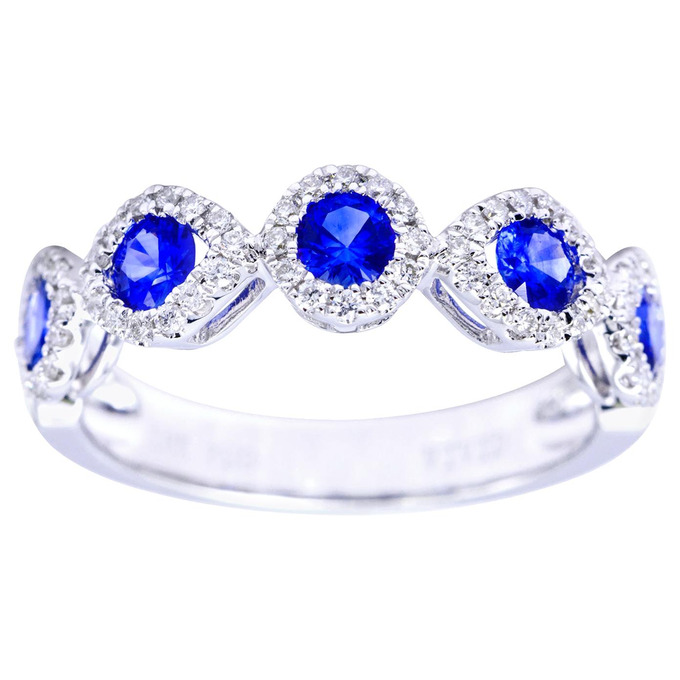 Five Round Sapphire Ring with Diamond Halos For Sale