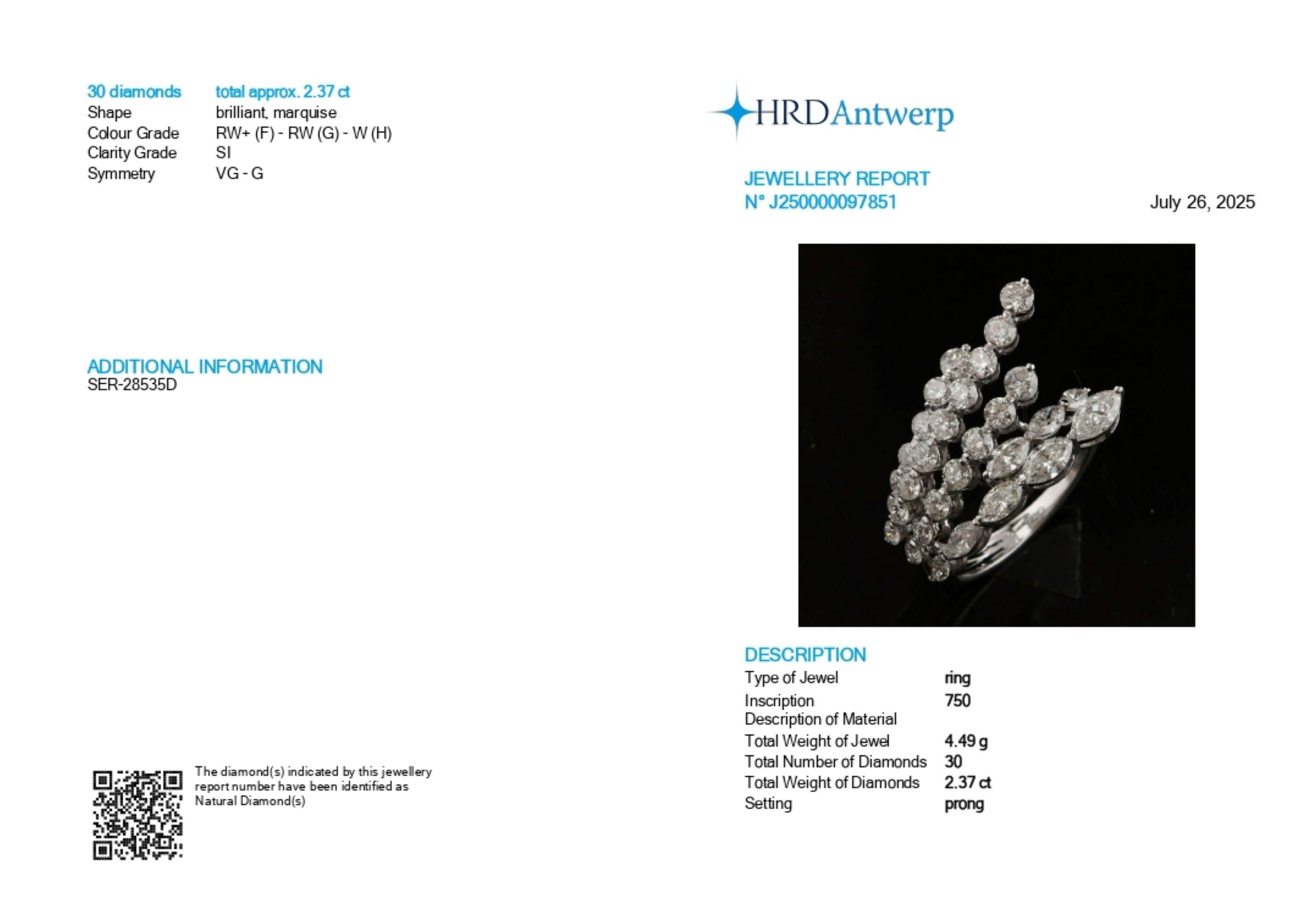 En venta: Anillo de cóctel de oro blanco de 14k con diamante natural certificado SI/H de 2,37cts Five Row  2