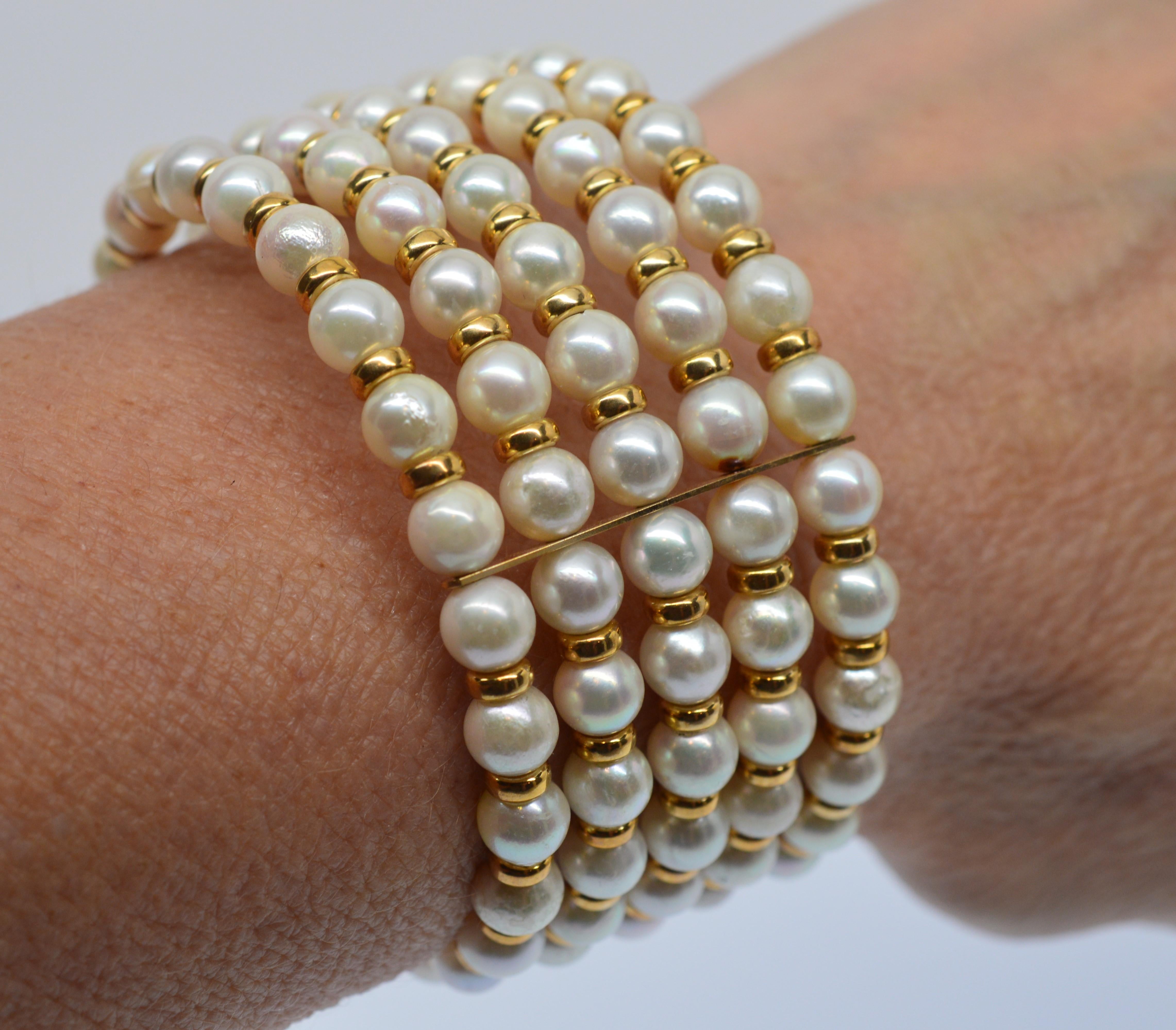 Five Row Akoya Pearl Expandable Cuff Bracelet with 14 Karat Findings In Excellent Condition In Mount Kisco, NY