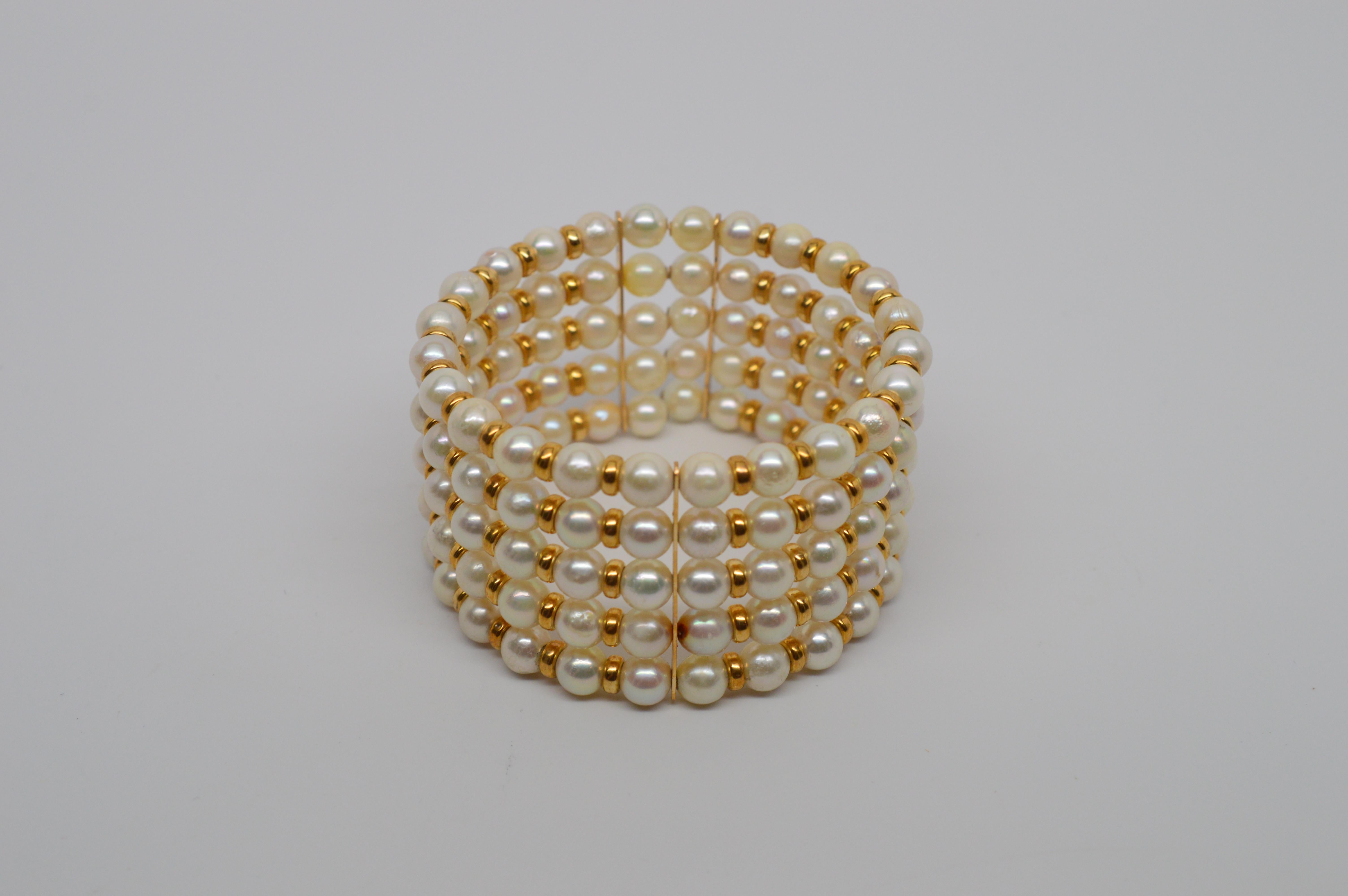 Five Row Akoya Pearl Expandable Cuff Bracelet with 14 Karat Findings 1