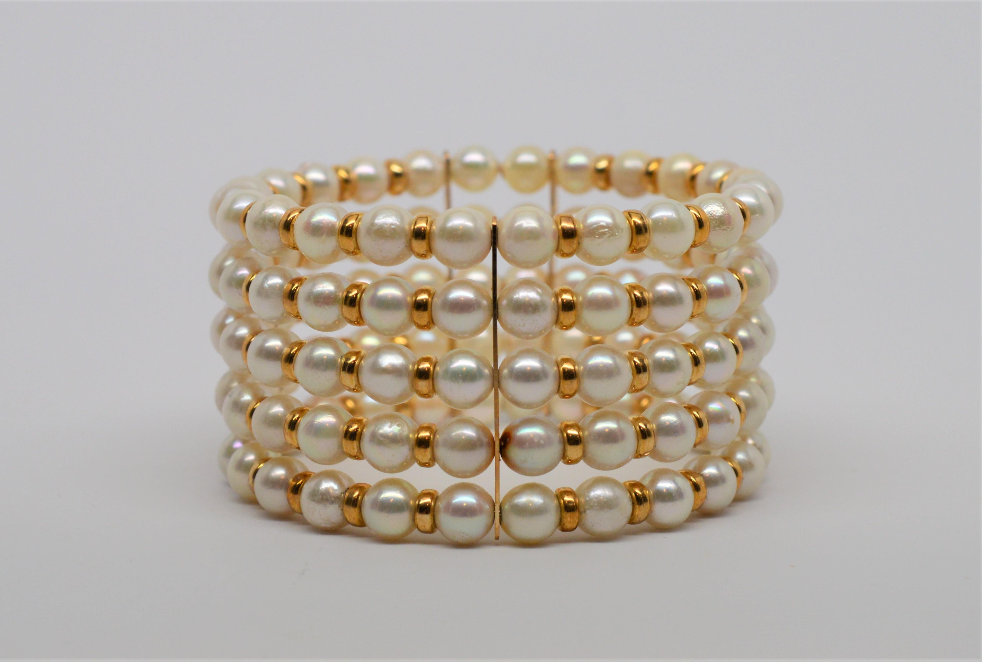 Five Row Akoya Pearl Expandable Cuff Bracelet with 14 Karat Findings 2