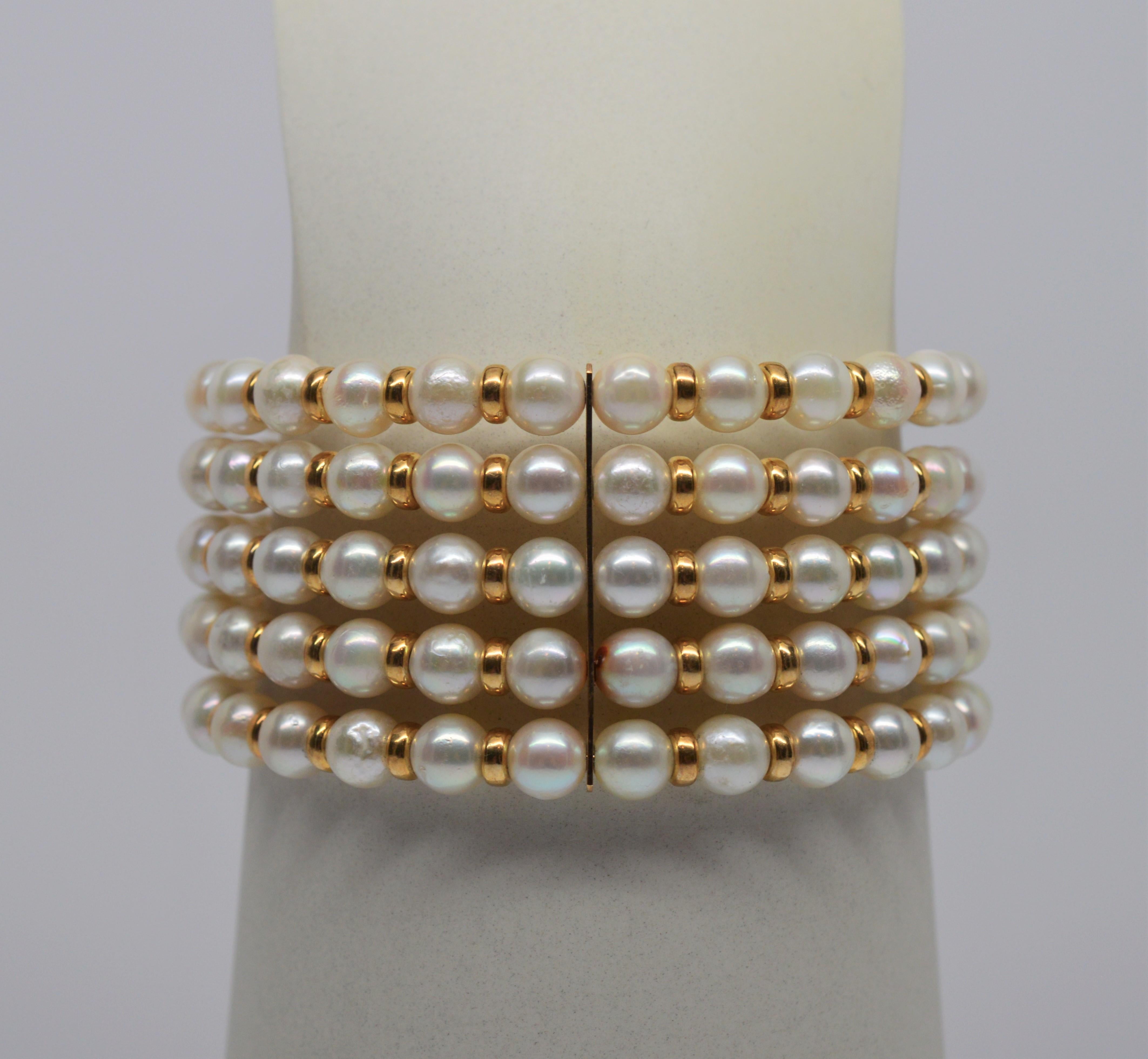 Five Row Akoya Pearl Expandable Cuff Bracelet with 14 Karat Findings 3