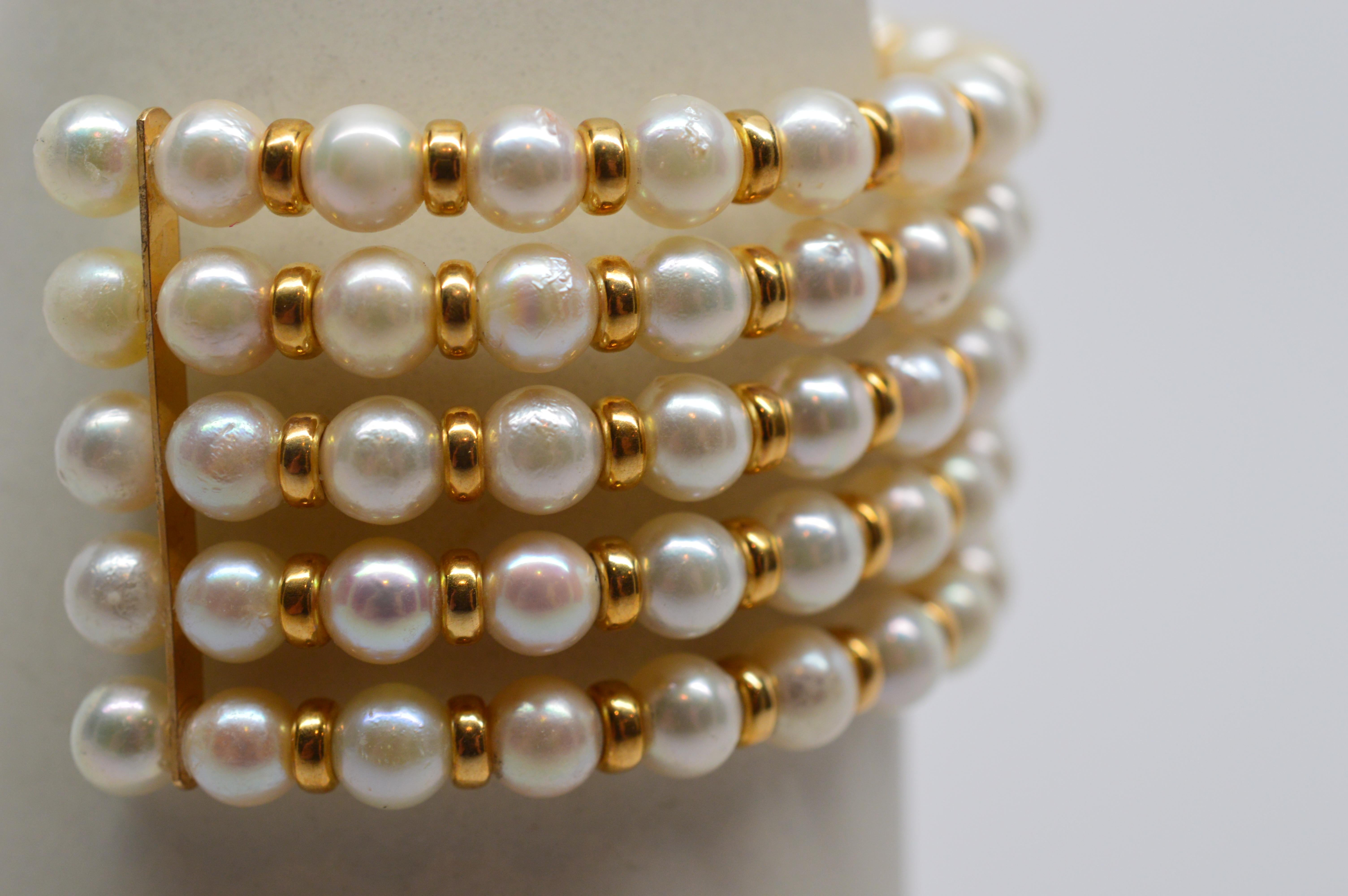Five Row Akoya Pearl Expandable Cuff Bracelet with 14 Karat Findings 4