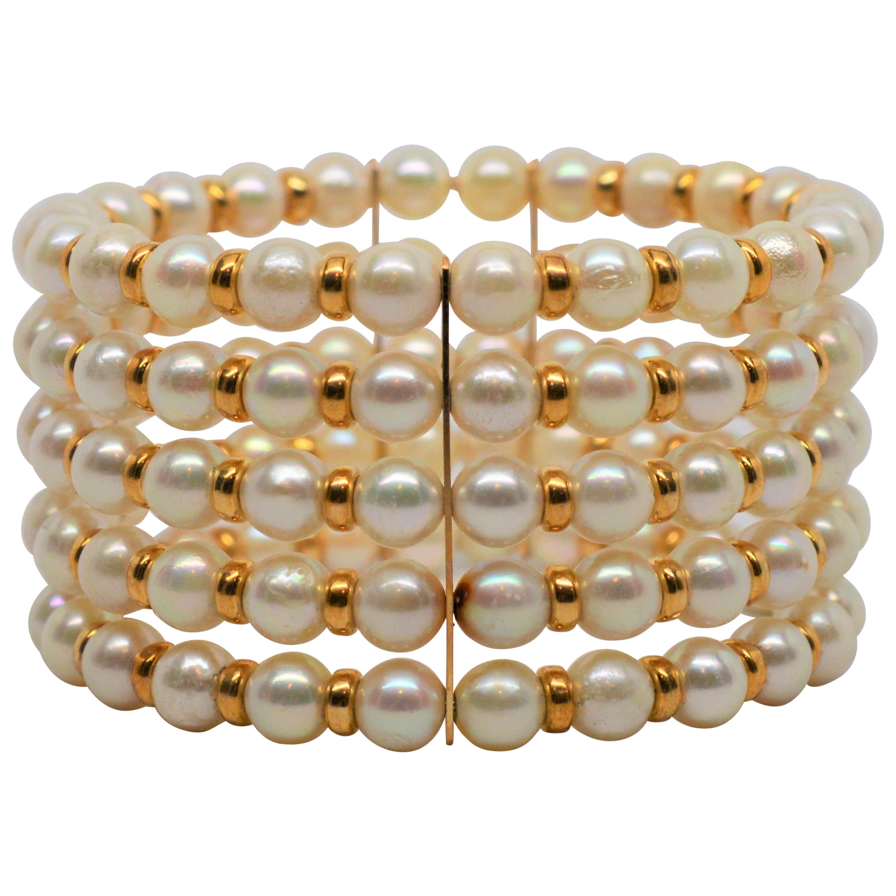 Five Row Akoya Pearl Expandable Cuff Bracelet with 14 Karat Findings