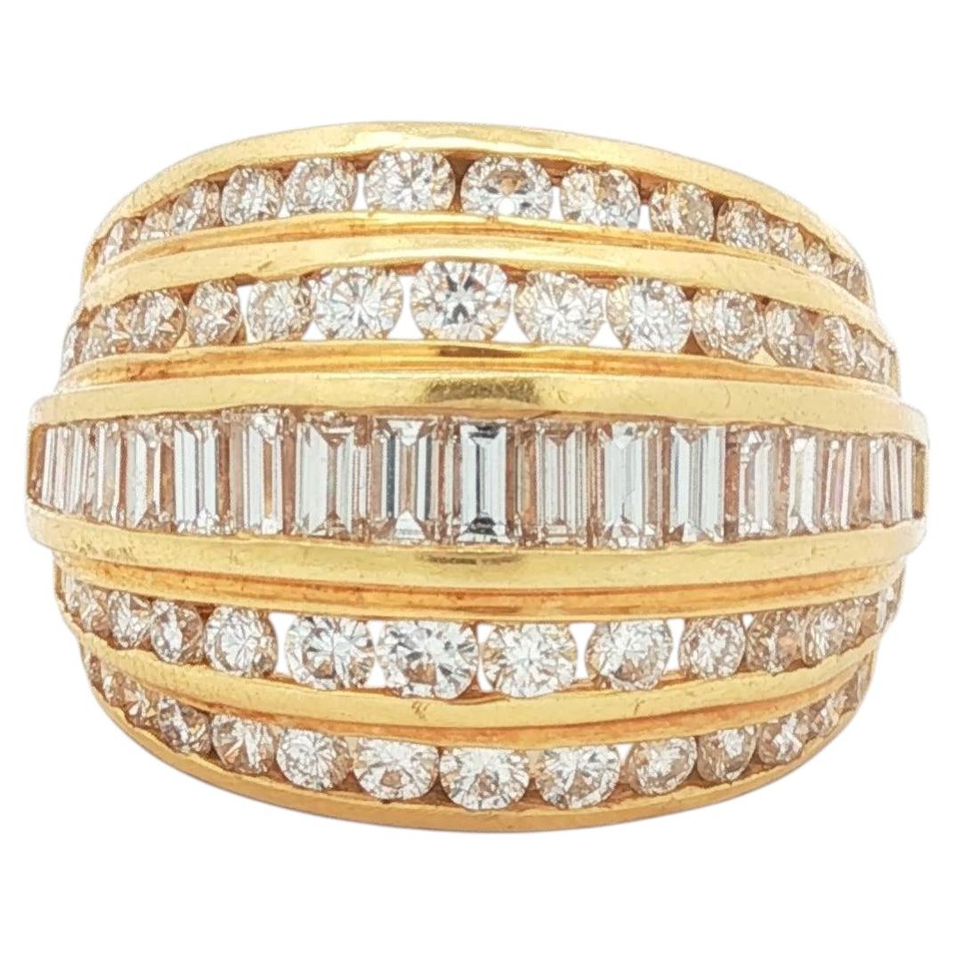 Five-Row Baguette and Round Brilliant Diamond Bombé Ring, 18K Yellow Gold