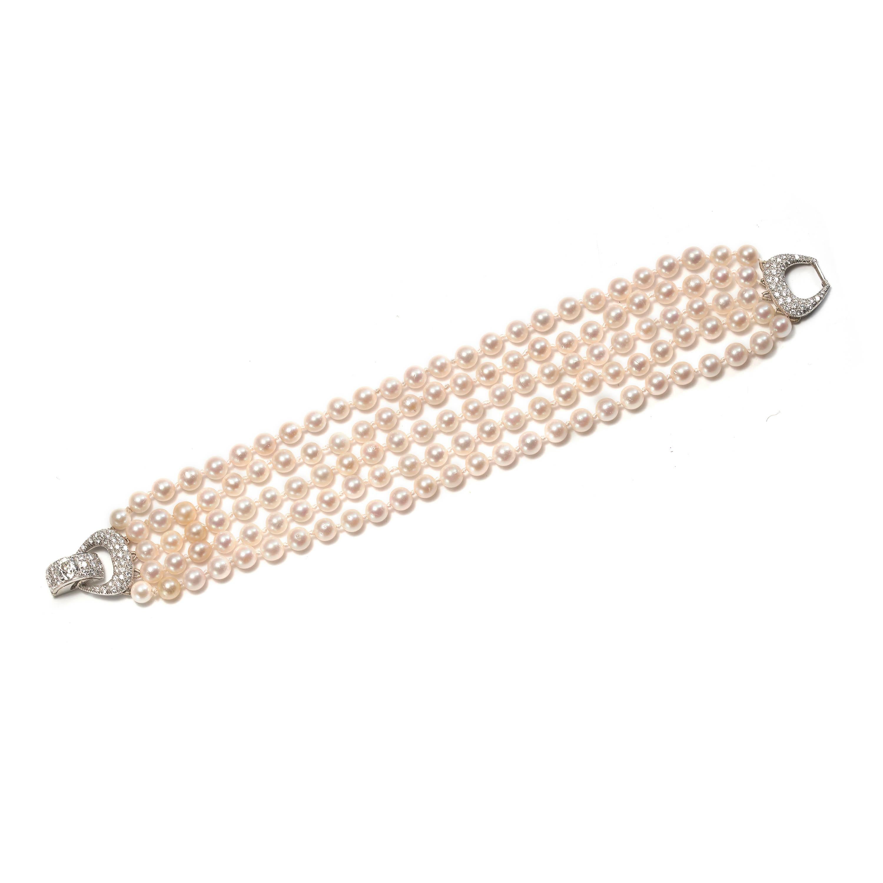 Contemporary Five Row Cultured Pearl and Diamond Bracelet, 2.00 Carats