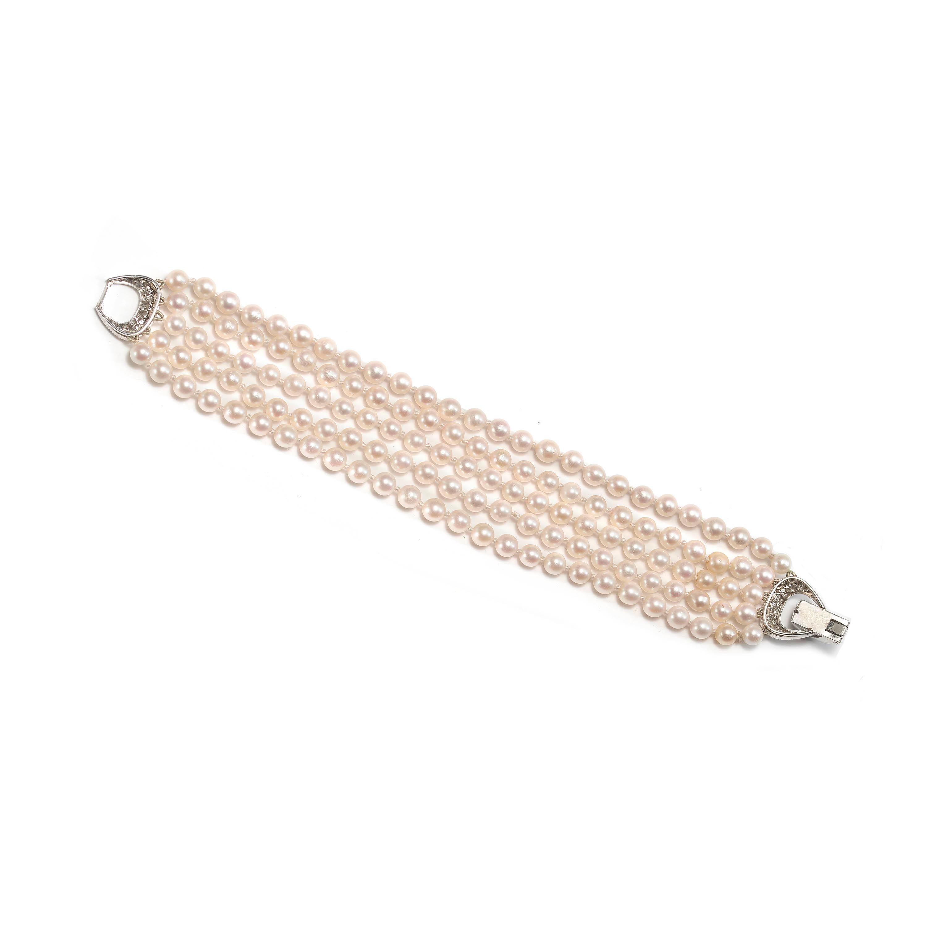 Brilliant Cut Five Row Cultured Pearl and Diamond Bracelet, 2.00 Carats