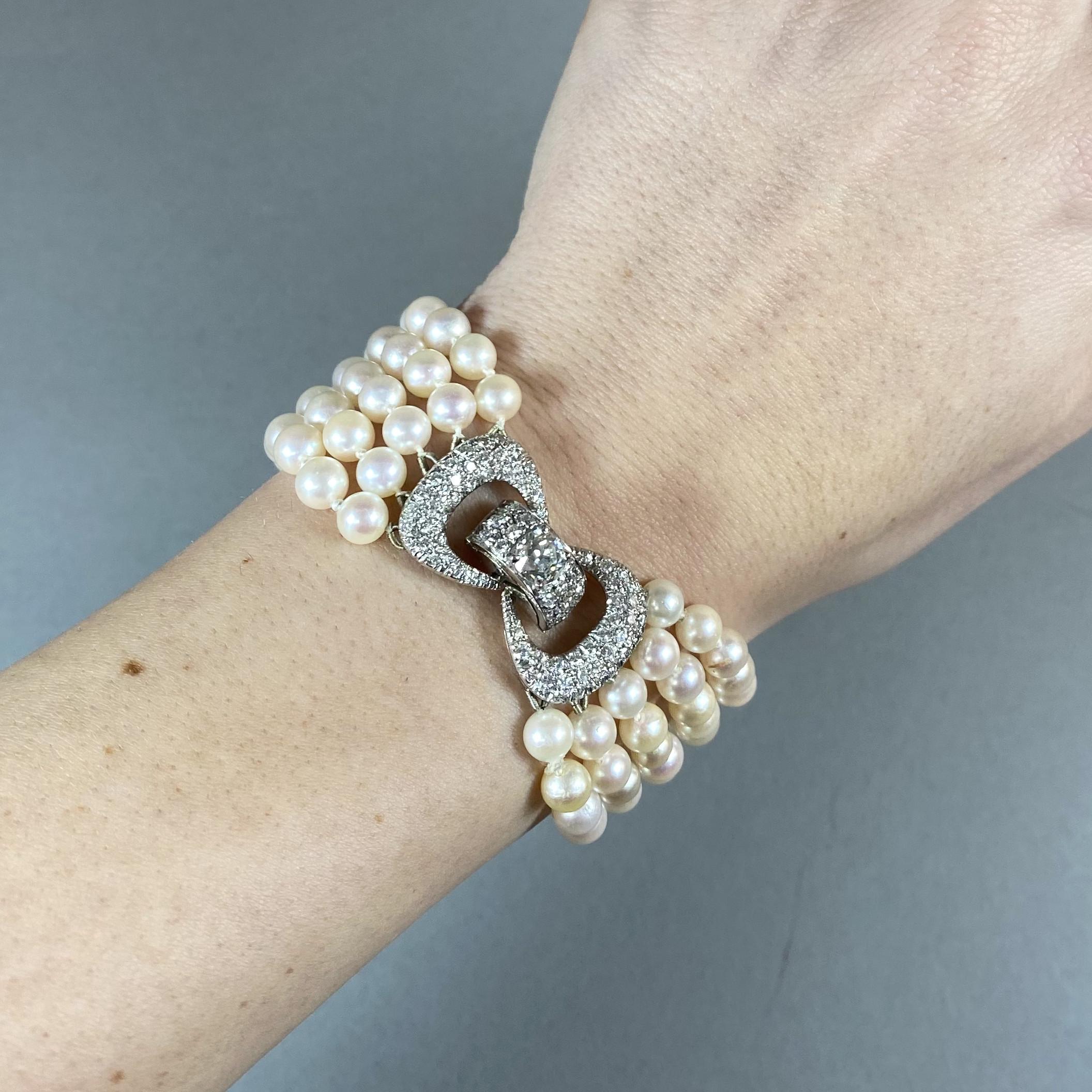 Five Row Cultured Pearl and Diamond Bracelet, 2.00 Carats In Good Condition In London, GB