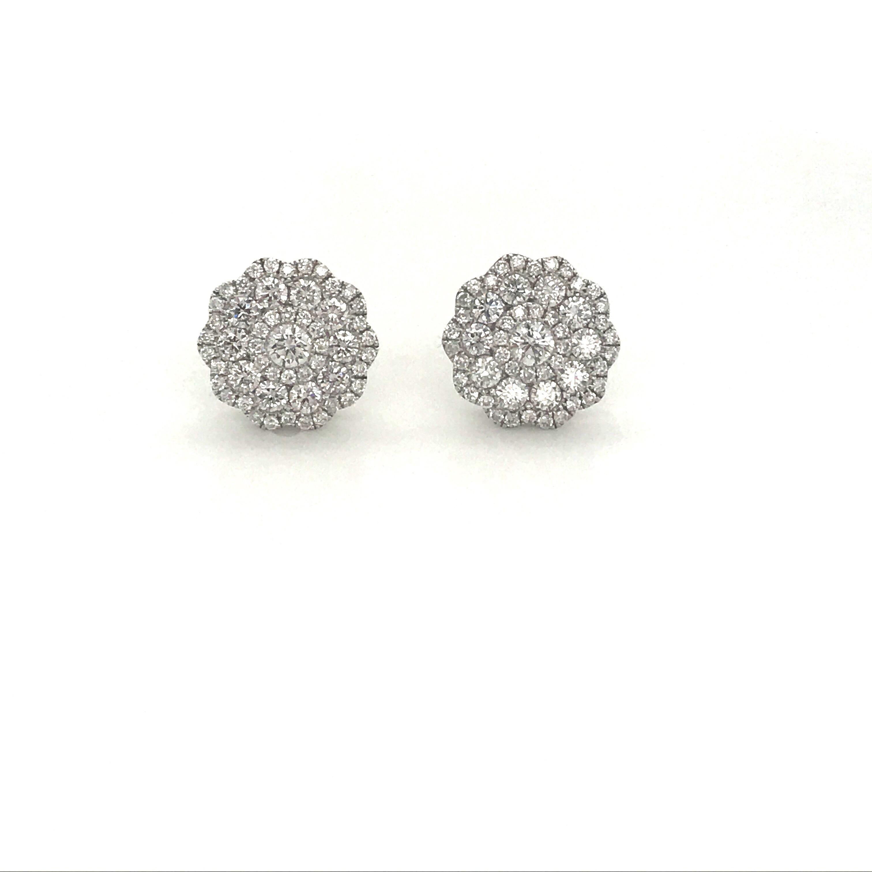 Contemporary Five-Row Diamond Cluster Flower Earrings 1.38 Carat 18 Karat White Gold