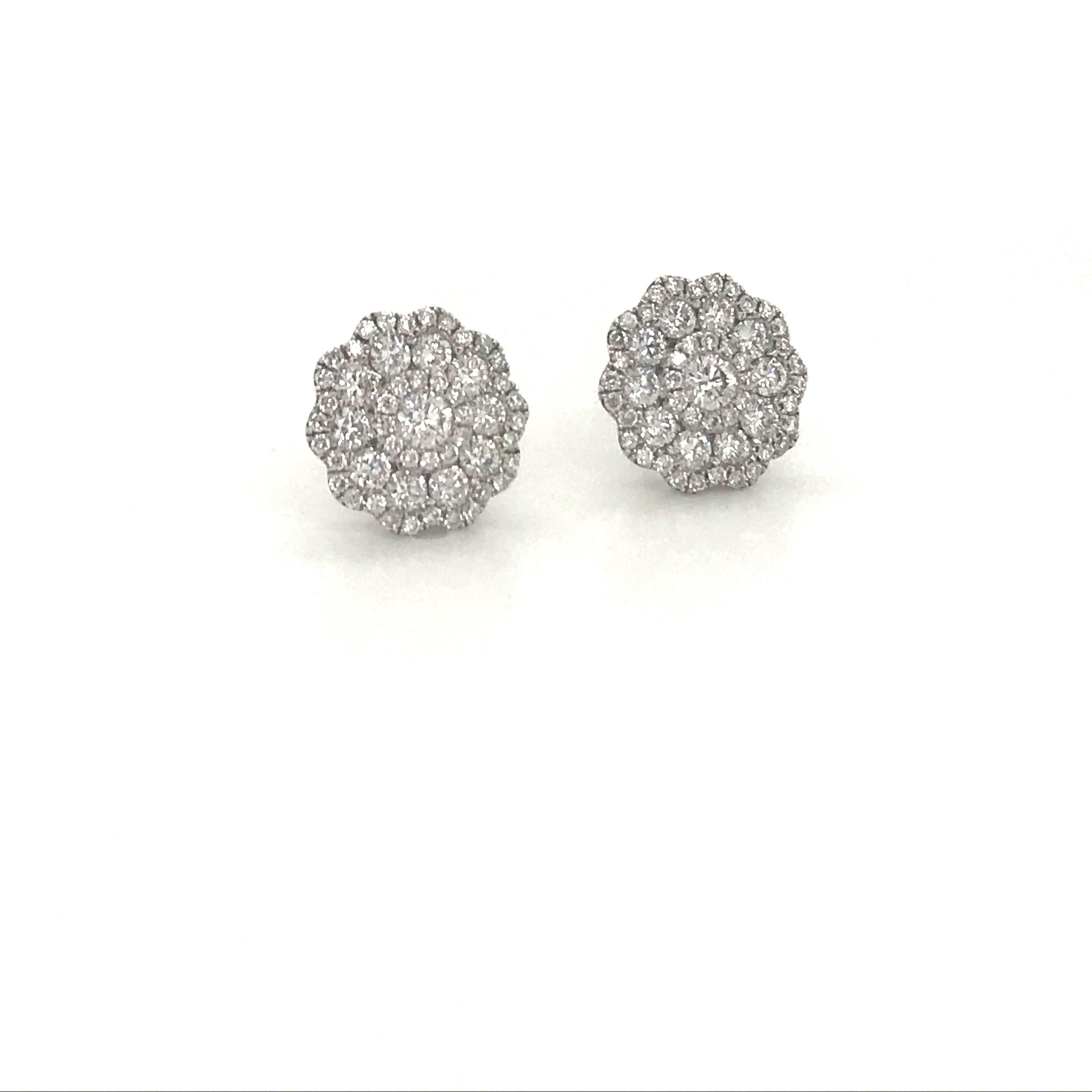 Round Cut Five-Row Diamond Cluster Flower Earrings 1.38 Carat 18 Karat White Gold