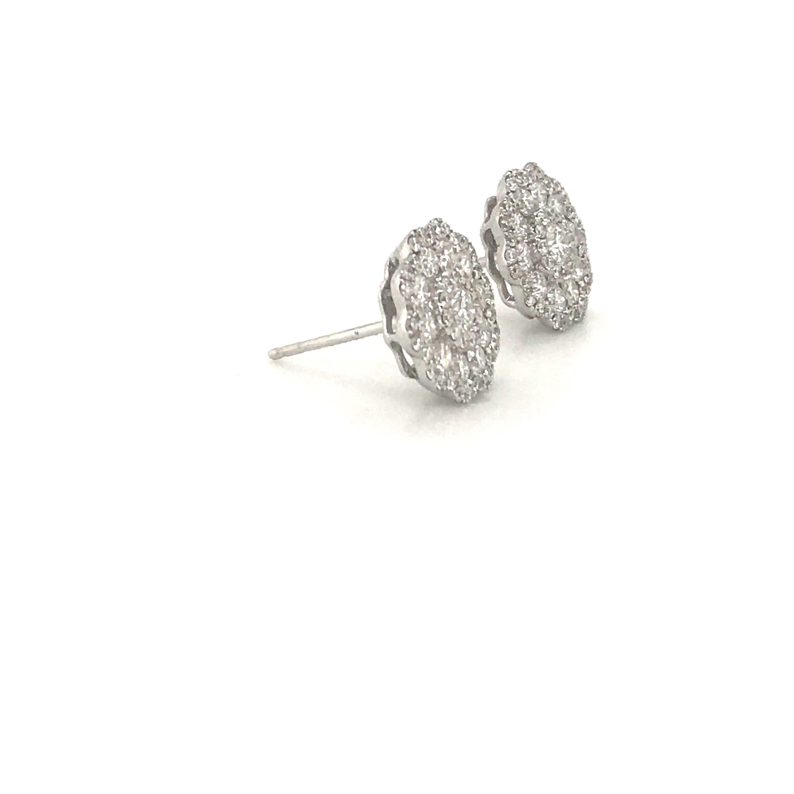 Women's Five-Row Diamond Cluster Flower Earrings 1.38 Carat 18 Karat White Gold