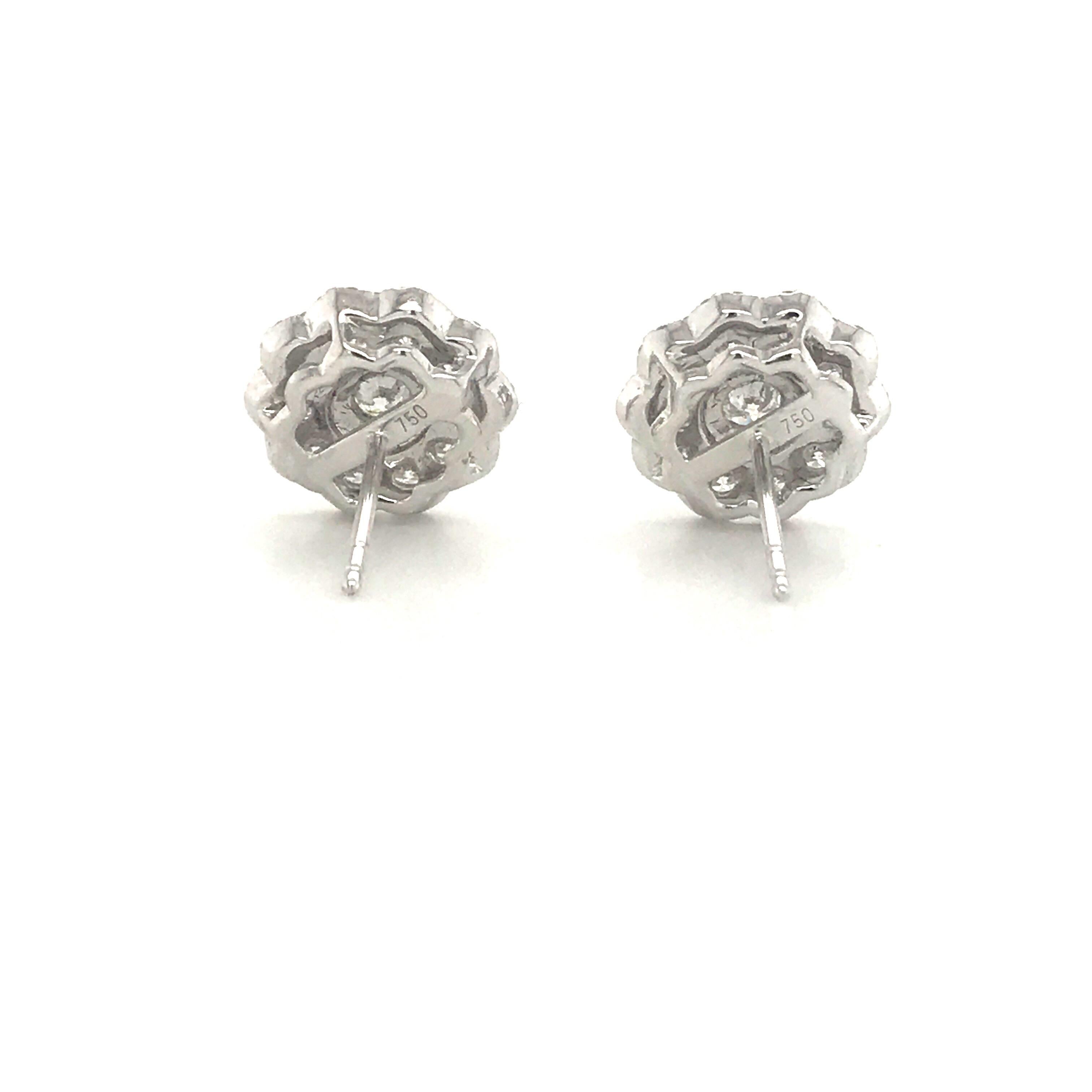 Five-Row Diamond Cluster Flower Earrings 1.38 Carat 18 Karat White Gold 1