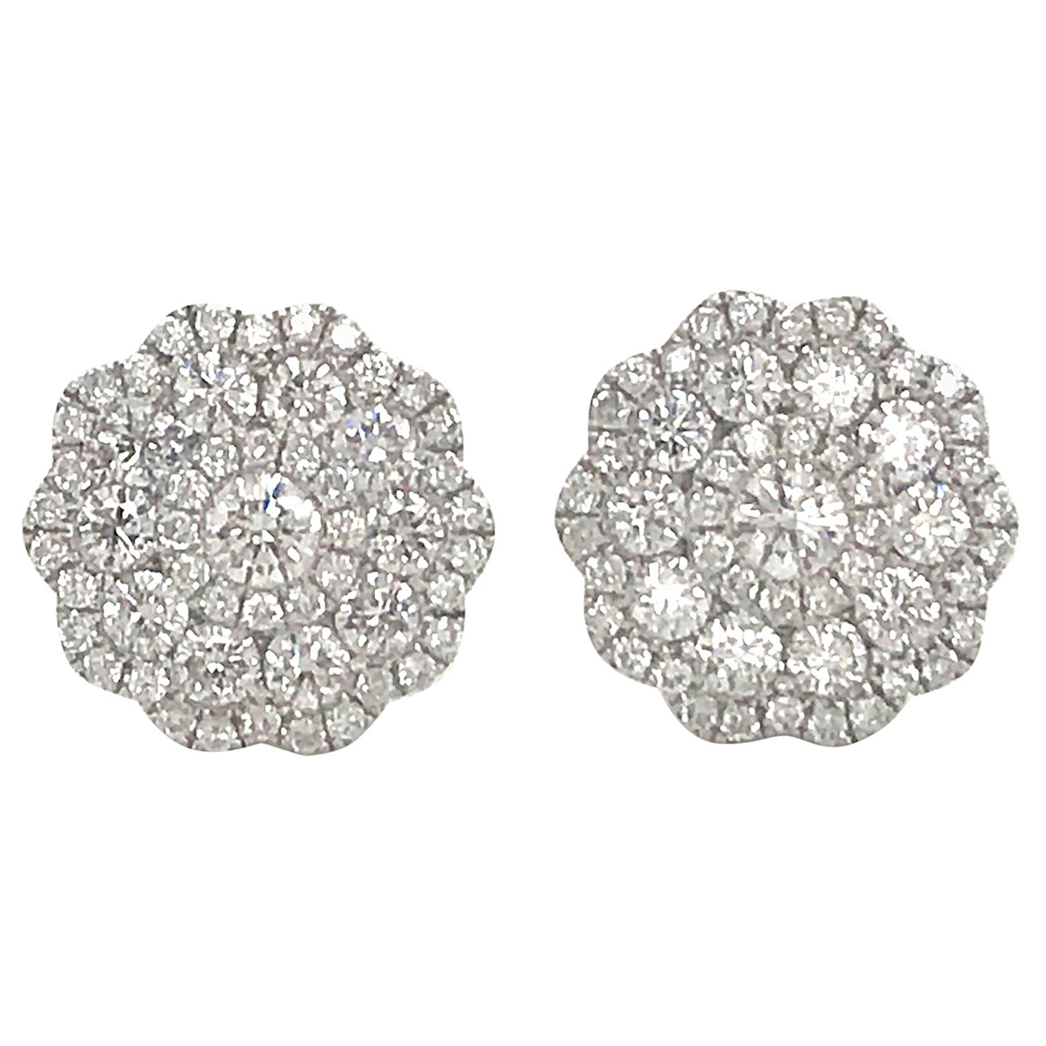 Five-Row Diamond Cluster Flower Earrings 1.38 Carat 18 Karat White Gold