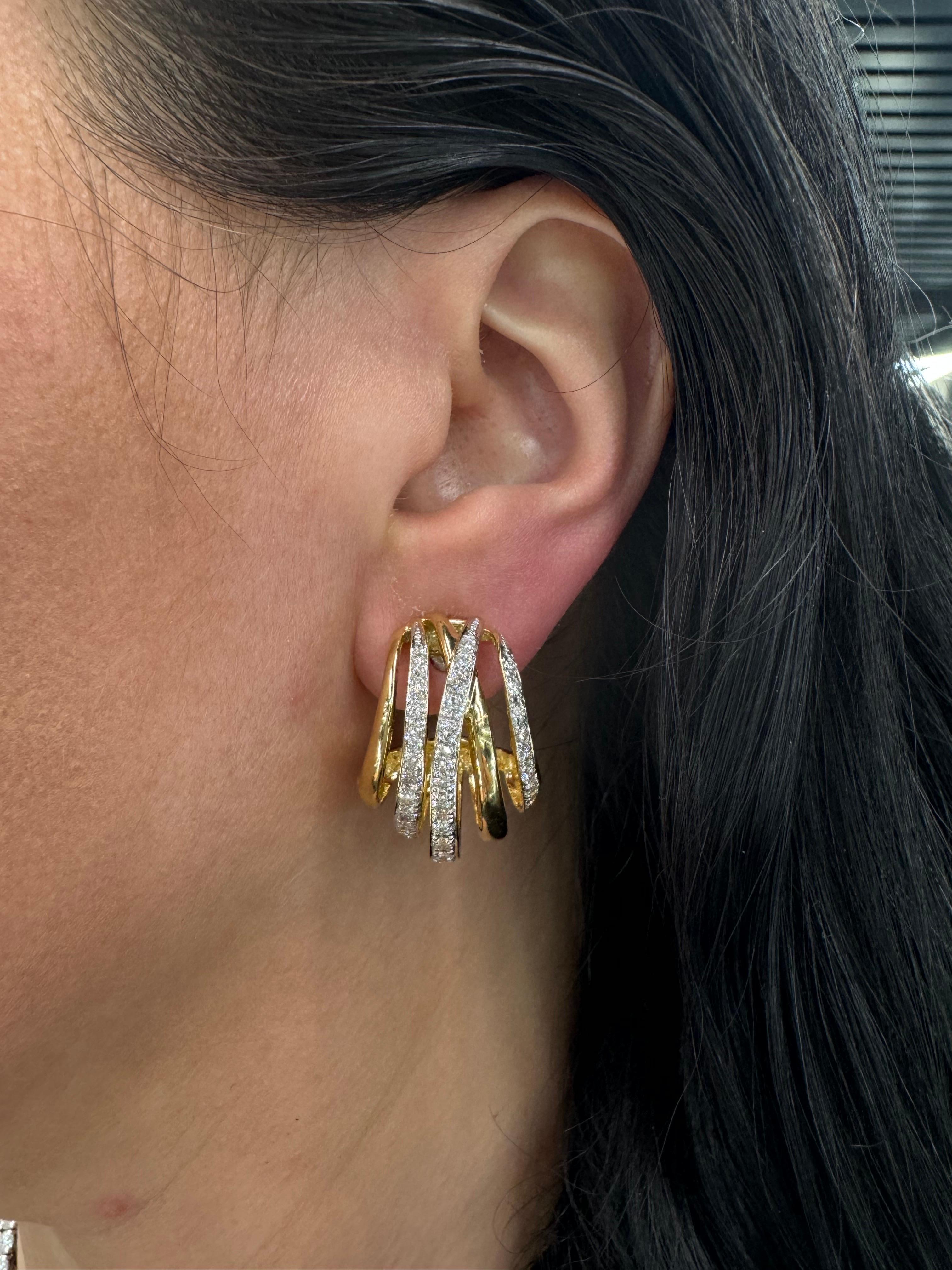 Round Cut Five Row Diamond Hoop Earrings 2.37 Carats 18 Karat Yellow Gold For Sale