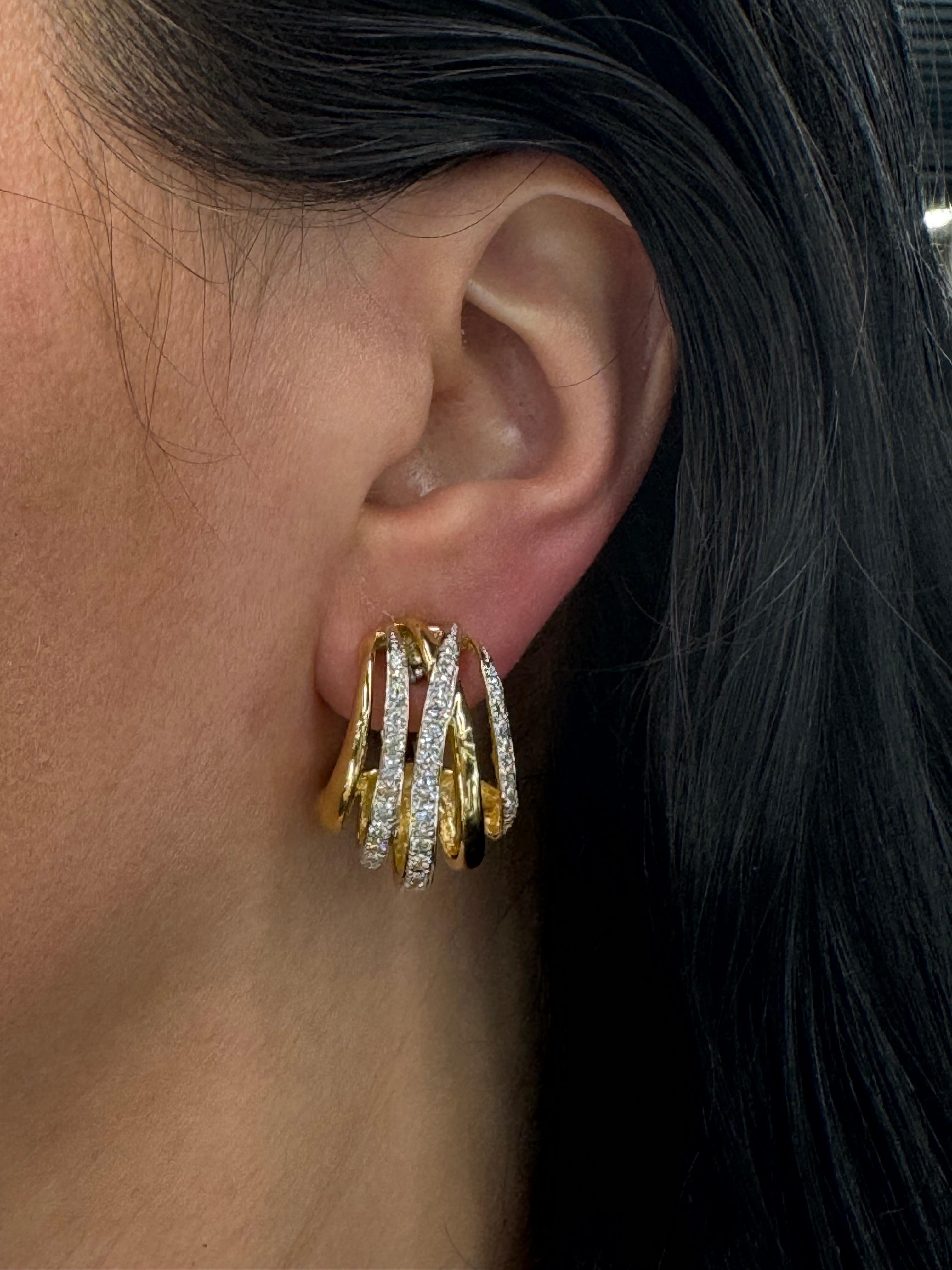 Five Row Diamond Hoop Earrings 2.37 Carats 18 Karat Yellow Gold In Excellent Condition For Sale In New York, NY