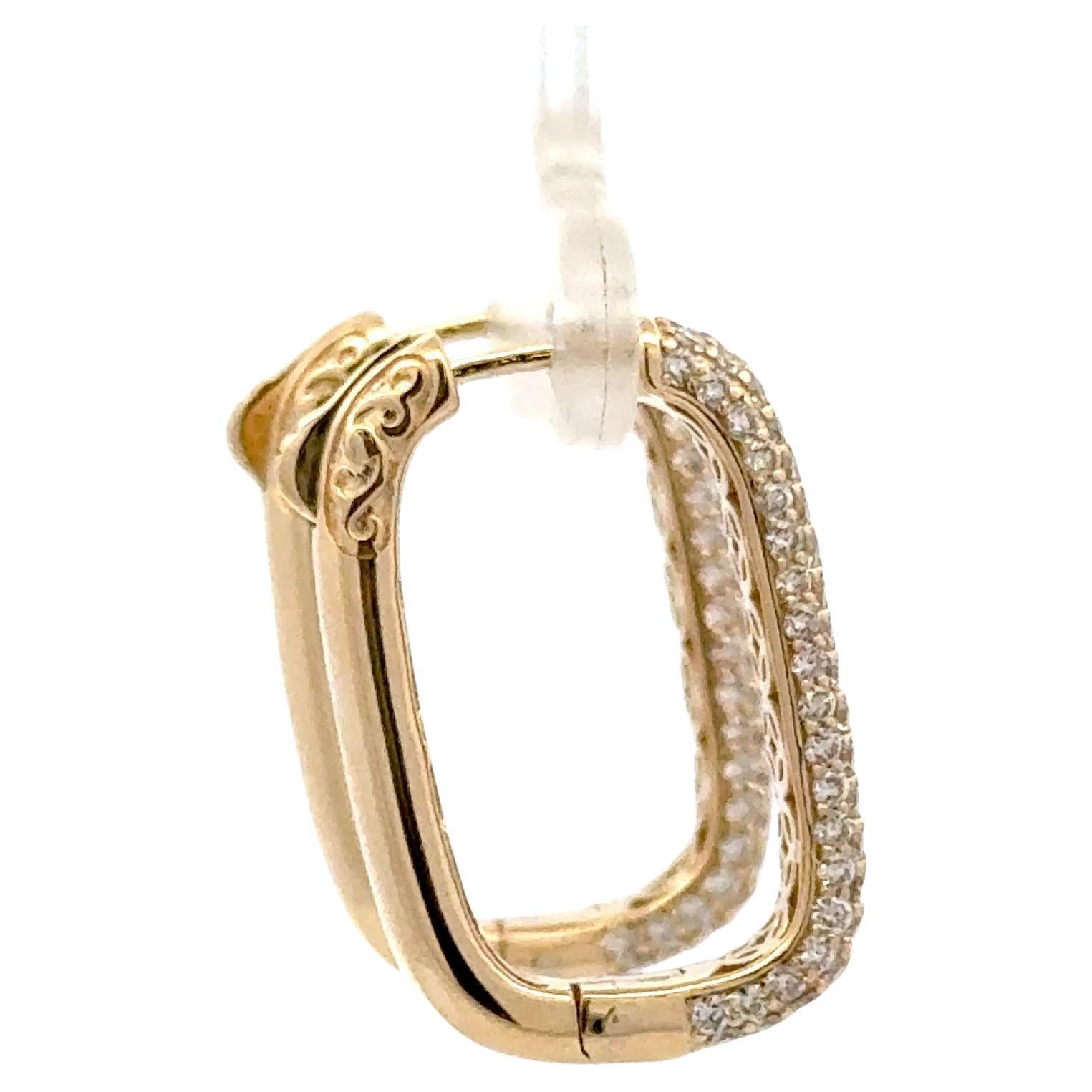 Round Cut Five Row Diamond Rectangular Hoop Earrings 1.95 Carats 14KT Yellow Gold 7 Grams For Sale