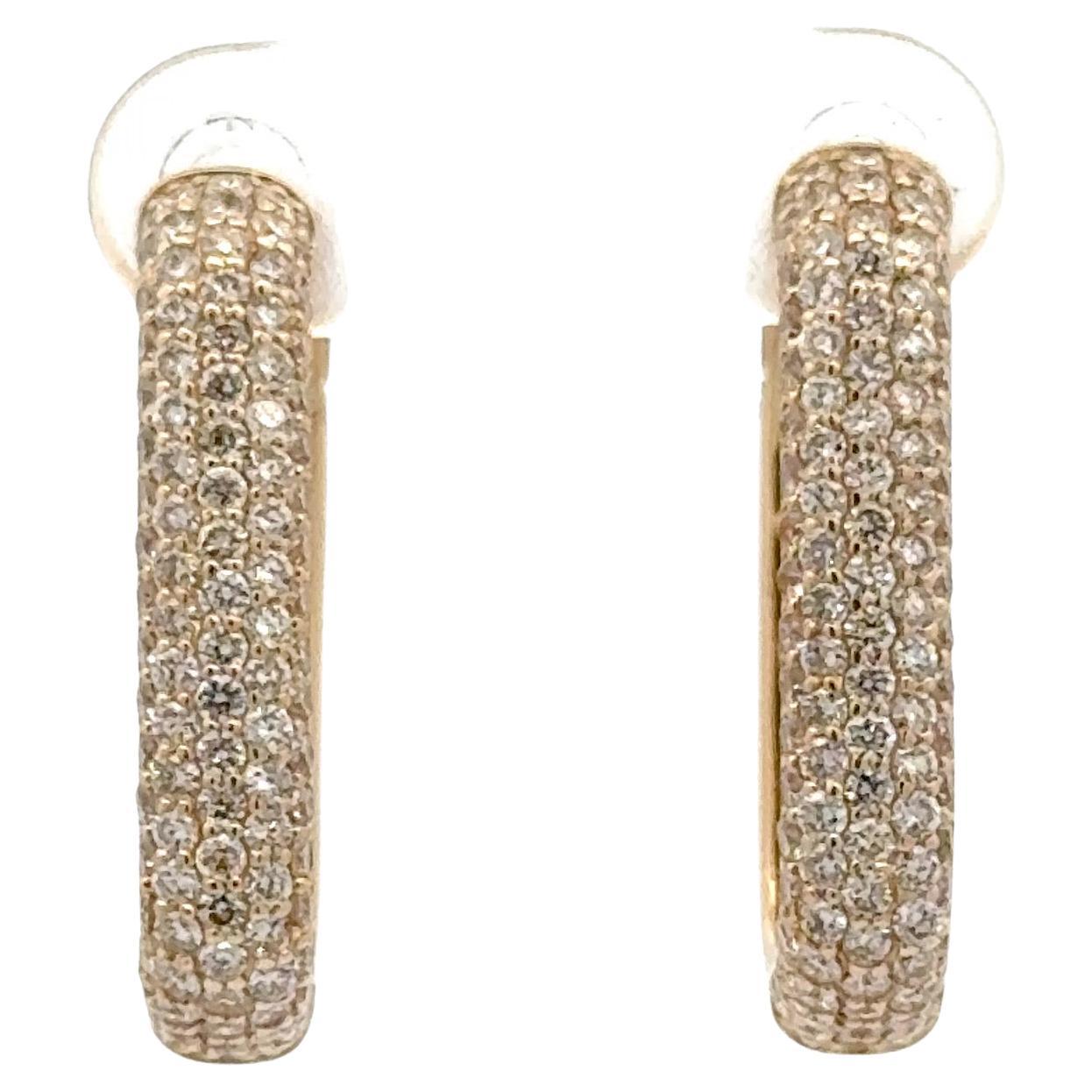 Five Row Diamond Rectangular Hoop Earrings 1.95 Carats 14KT Yellow Gold 7 Grams In New Condition For Sale In New York, NY