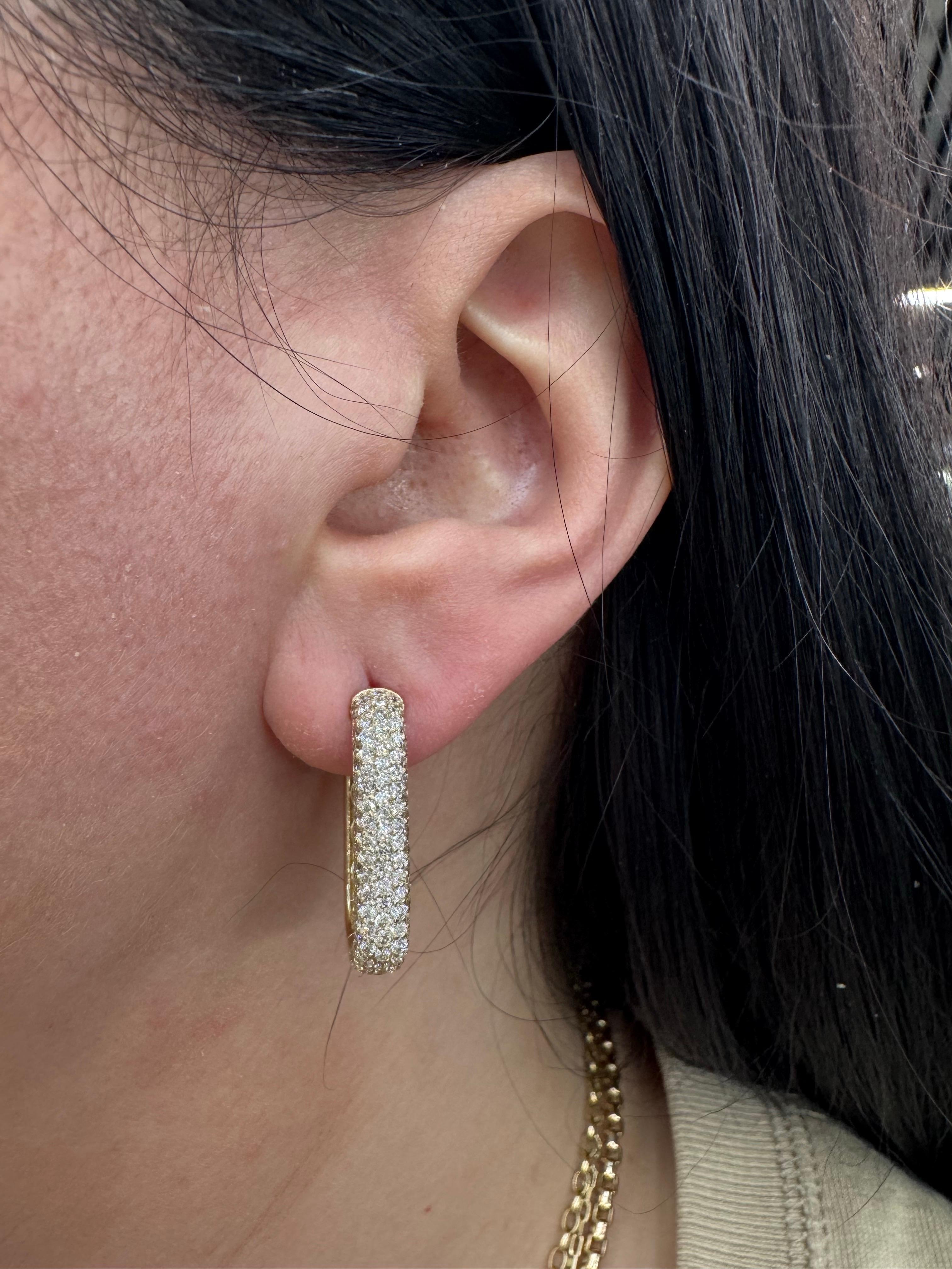 Women's Five Row Diamond Rectangular Hoop Earrings 1.95 Carats 14KT Yellow Gold 7 Grams For Sale