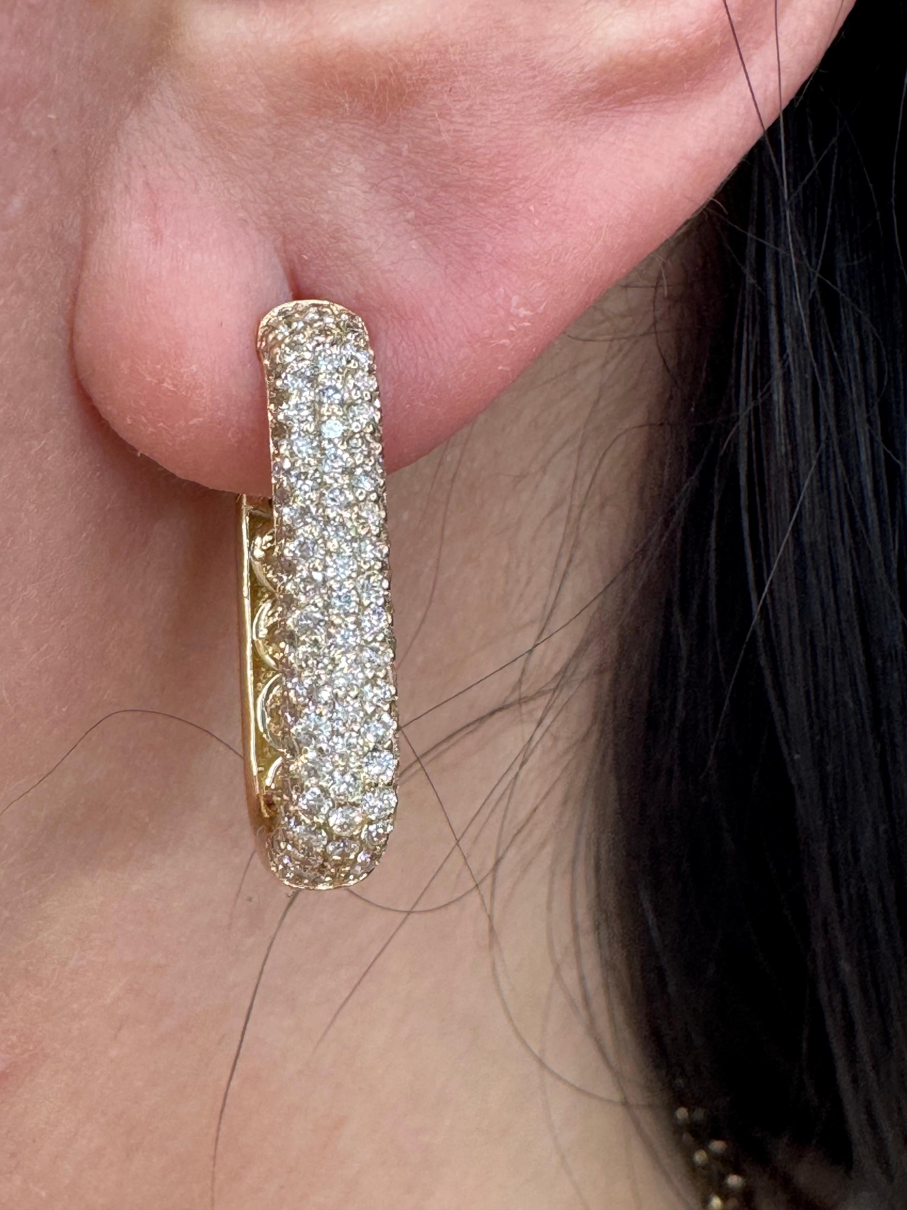 Five Row Diamond Rectangular Hoop Earrings 1.95 Carats 14KT Yellow Gold 7 Grams For Sale 3
