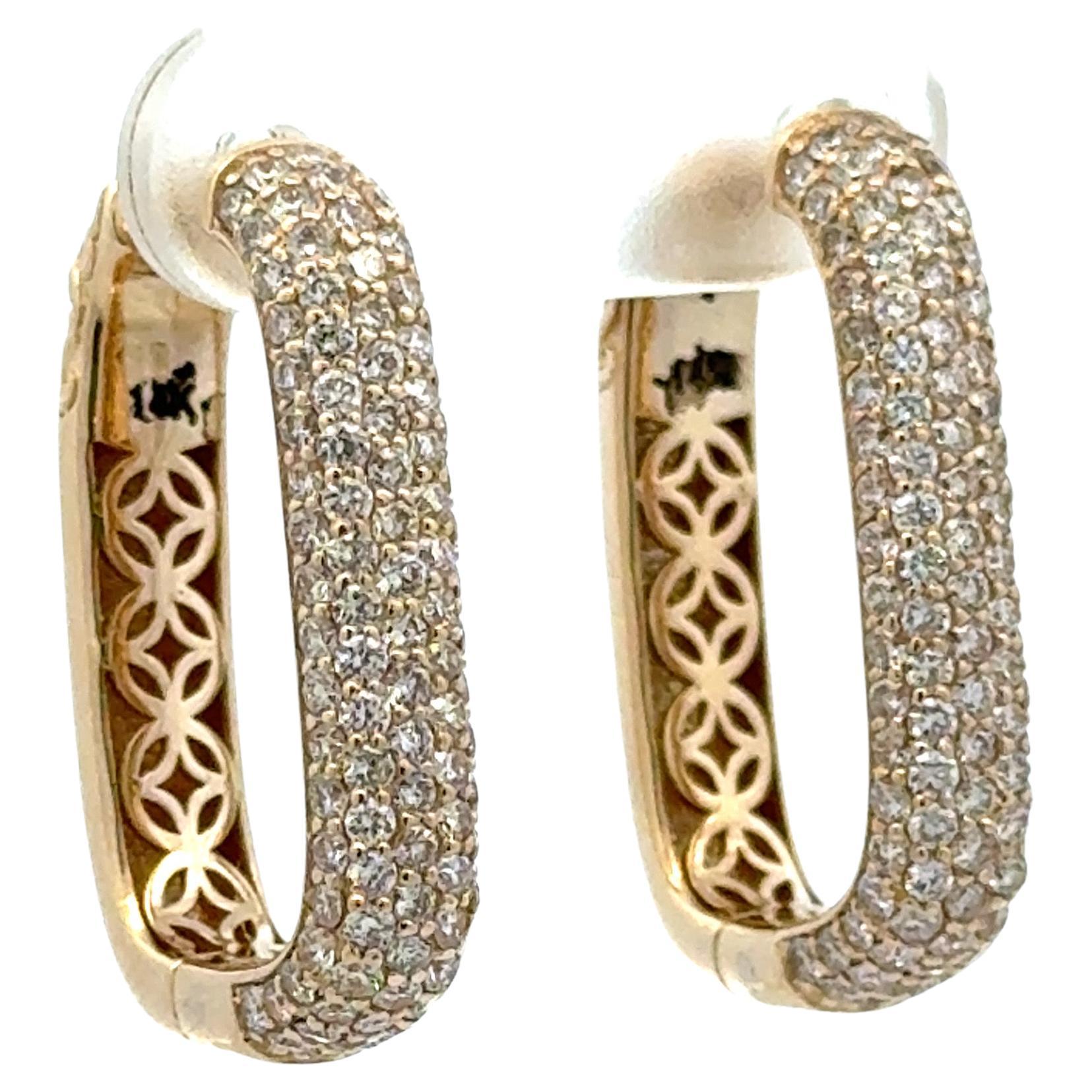 Five Row Diamond Rectangular Hoop Earrings 1.95 Carats 14KT Yellow Gold 7 Grams